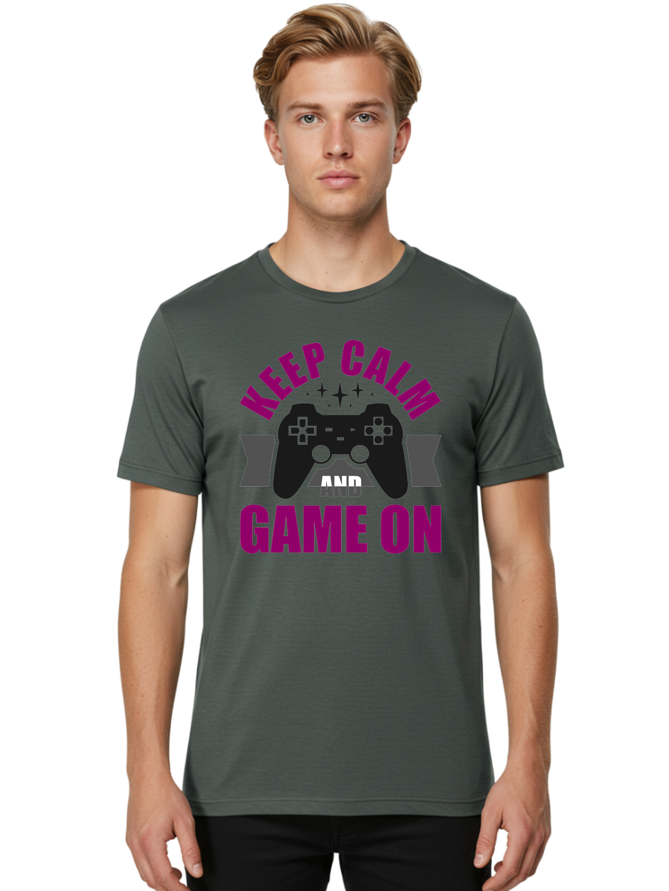 Keep-Calm-And-Game-On Men'S Graphic Tee, 100% Cotton, Comfortable Casual Summer Wear, Machine Washable, Gaming Inspiration, Motivational Quote, Video Game Controller, Keep Calm, Game On, Gaming Quote, Motivational Poster, -  Aaa651