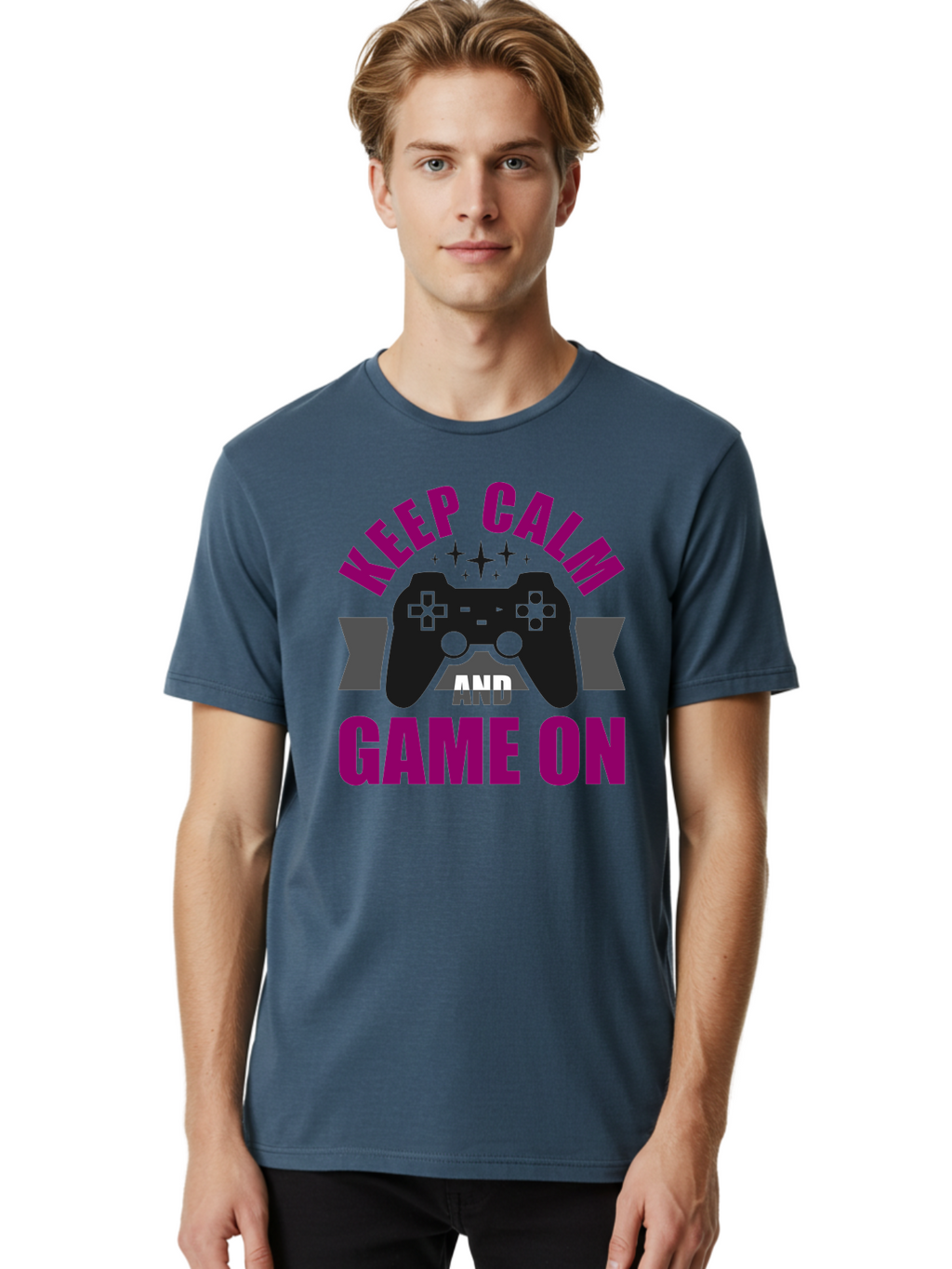 Keep-Calm-And-Game-On Men'S Graphic Tee, 100% Cotton, Comfortable Casual Summer Wear, Machine Washable, Gaming Inspiration, Motivational Quote, Video Game Controller, Keep Calm, Game On, Gaming Quote, Motivational Poster, -  Aaa651