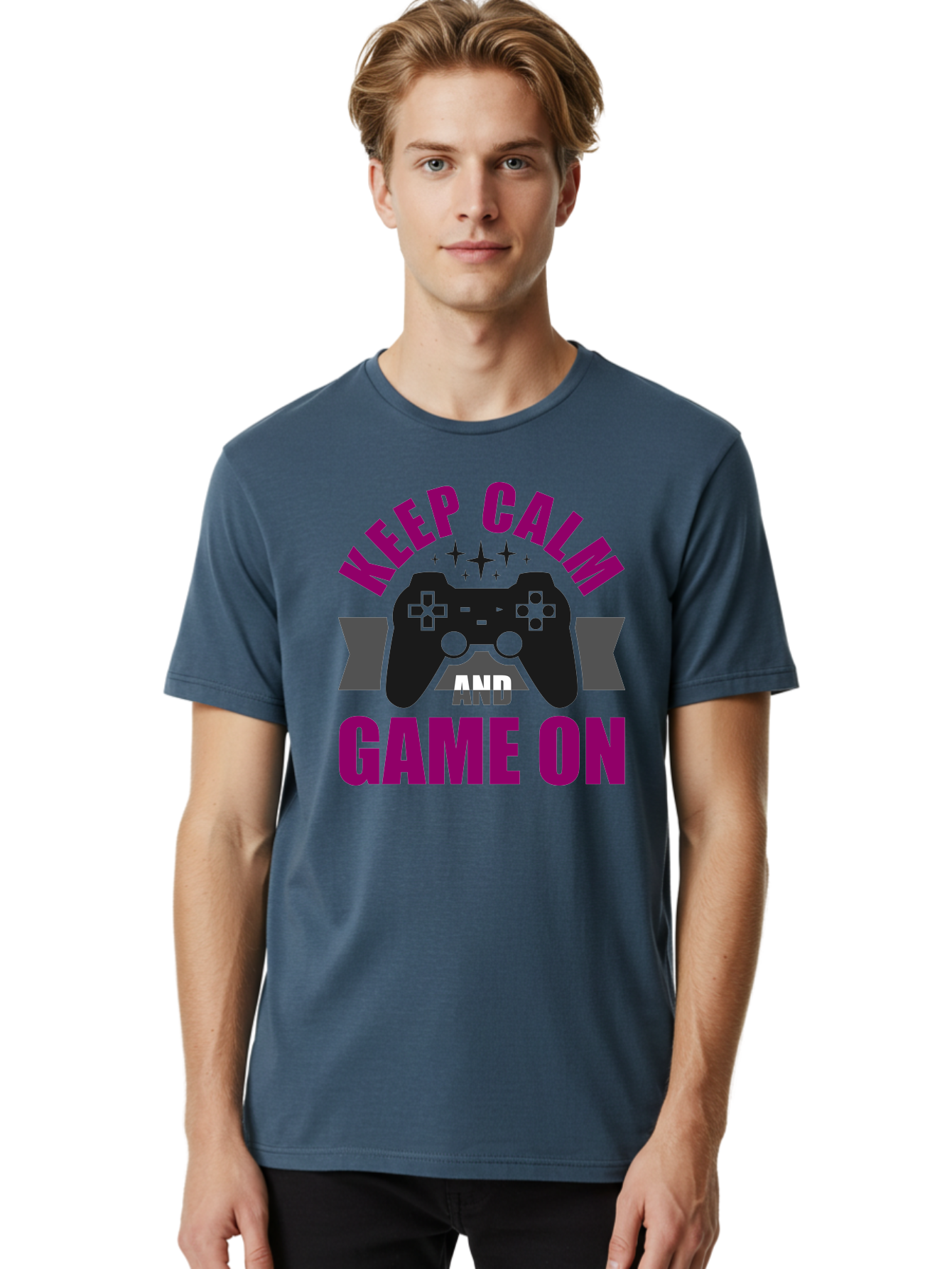 Keep-Calm-And-Game-On Men'S Graphic Tee, 100% Cotton, Comfortable Casual Summer Wear, Machine Washable, Gaming Inspiration, Motivational Quote, Video Game Controller, Keep Calm, Game On, Gaming Quote, Motivational Poster, -  Aaa651