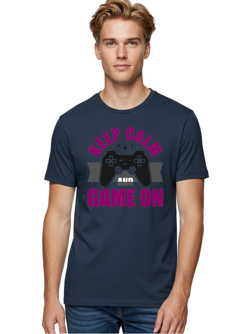 Keep-Calm-And-Game-On Men'S Graphic Tee, 100% Cotton, Comfortable Casual Summer Wear, Machine Washable, Gaming Inspiration, Motivational Quote, Video Game Controller, Keep Calm, Game On, Gaming Quote, Motivational Poster, -  Aaa651