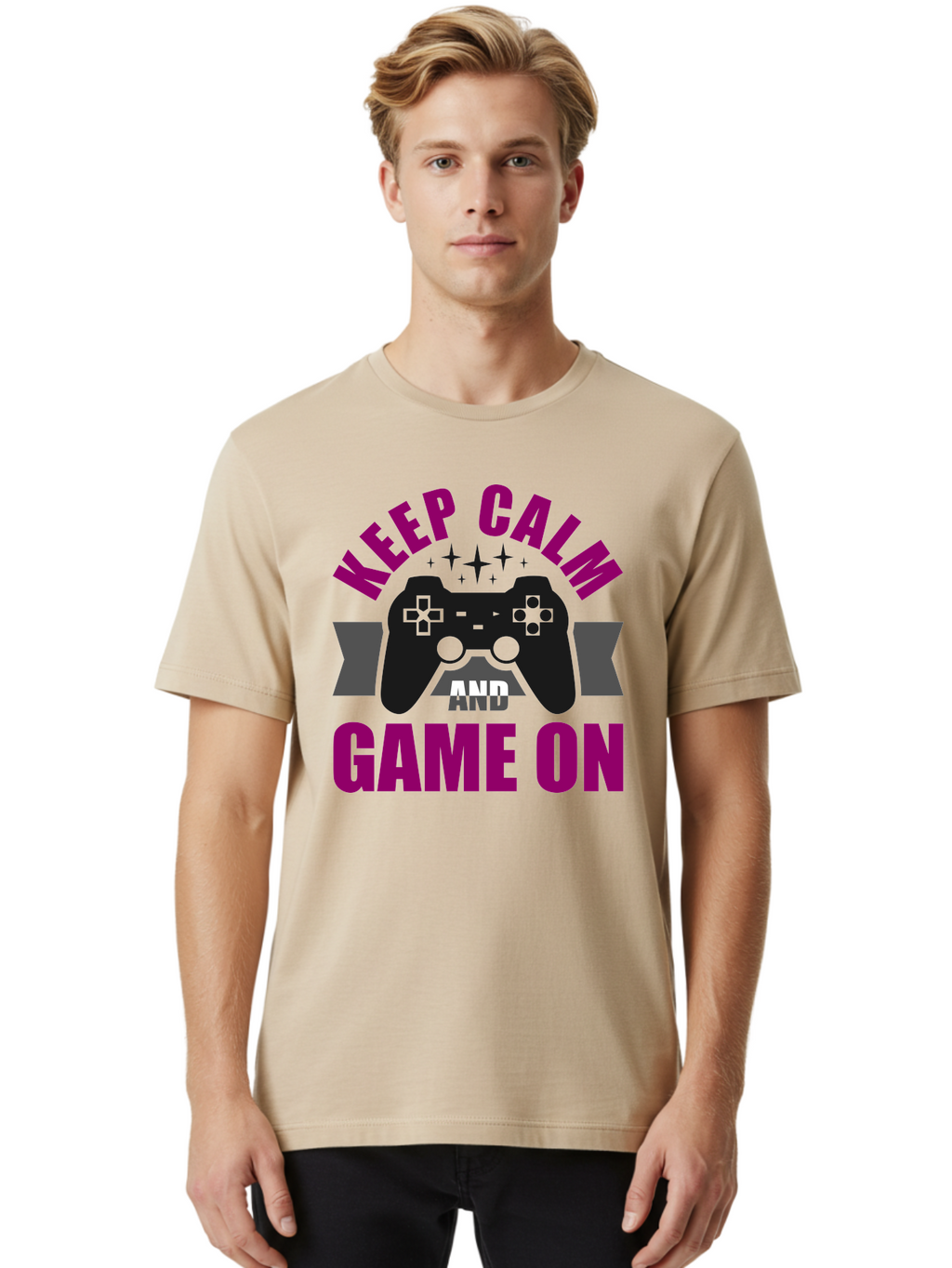 Keep-Calm-And-Game-On Men'S Graphic Tee, 100% Cotton, Comfortable Casual Summer Wear, Machine Washable, Gaming Inspiration, Motivational Quote, Video Game Controller, Keep Calm, Game On, Gaming Quote, Motivational Poster, -  Aaa651