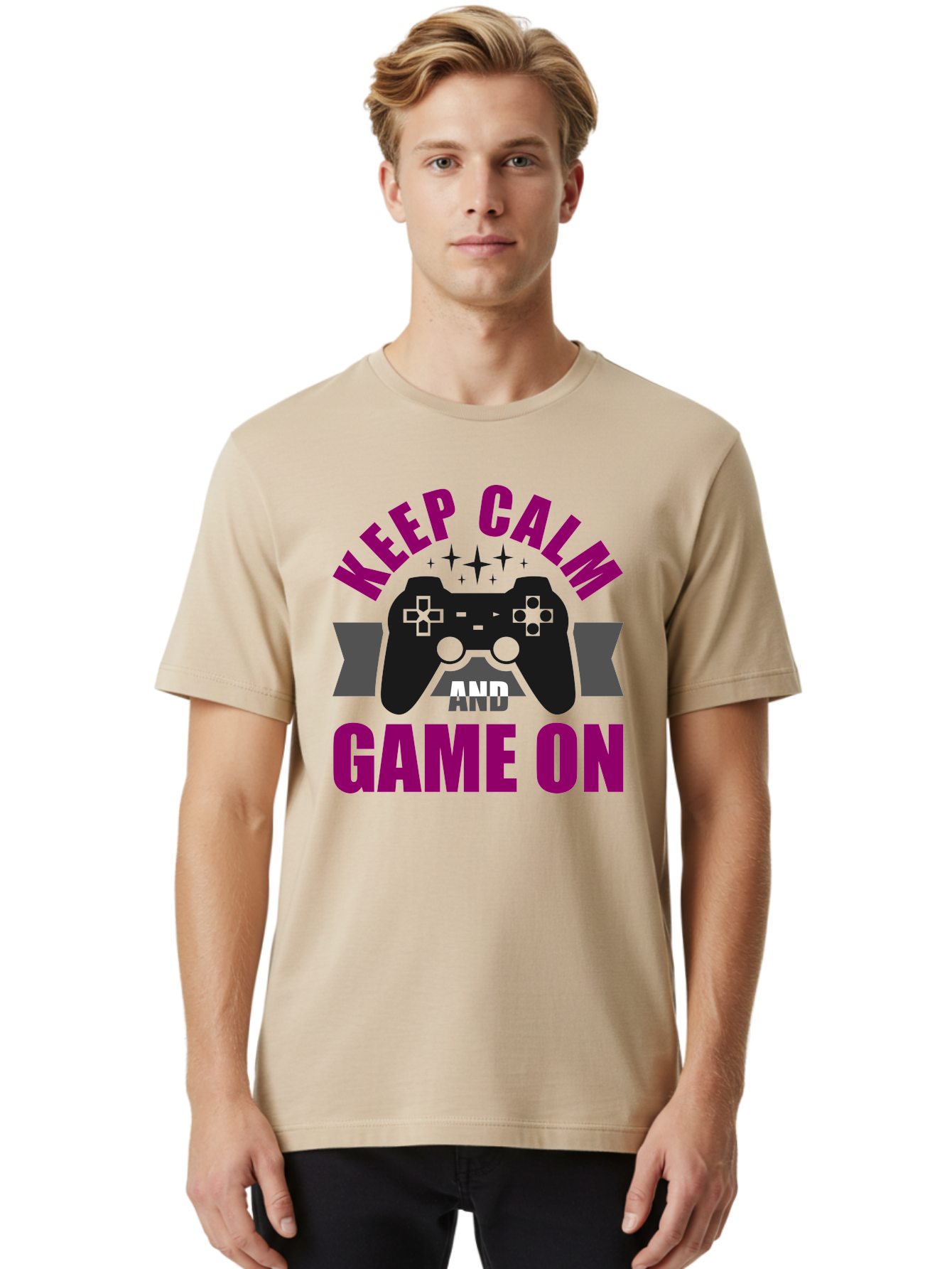 Keep-Calm-And-Game-On Men'S Graphic Tee, 100% Cotton, Comfortable Casual Summer Wear, Machine Washable, Gaming Inspiration, Motivational Quote, Video Game Controller, Keep Calm, Game On, Gaming Quote, Motivational Poster, -  Aaa651