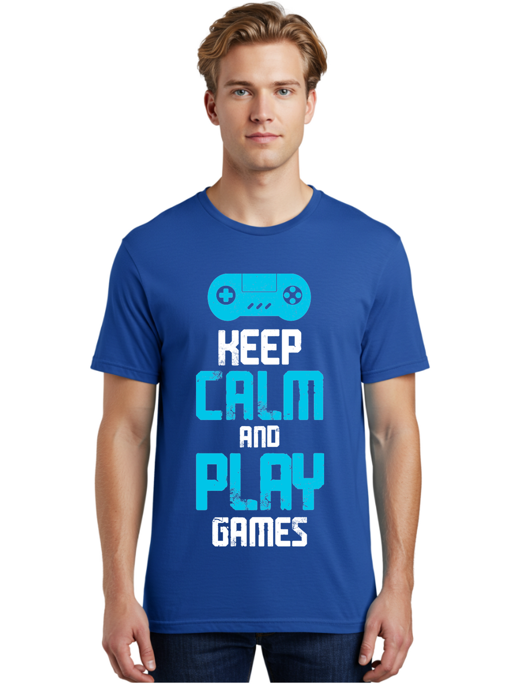 Keep-Calm-And-Play-Games Men'S Graphic Tee, 100% Cotton, Comfortable Casual Summer Wear, Machine Washable, Gaming Poster, Playful Design, Keep Calm Parody, Video Game Controller, Gamer Gift, Retro Gaming Style, Fun Typography, -  Aaa652