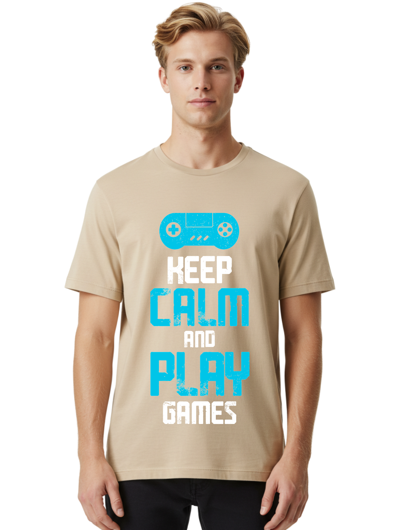 Keep-Calm-And-Play-Games Men'S Graphic Tee, 100% Cotton, Comfortable Casual Summer Wear, Machine Washable, Gaming Poster, Playful Design, Keep Calm Parody, Video Game Controller, Gamer Gift, Retro Gaming Style, Fun Typography, -  Aaa652