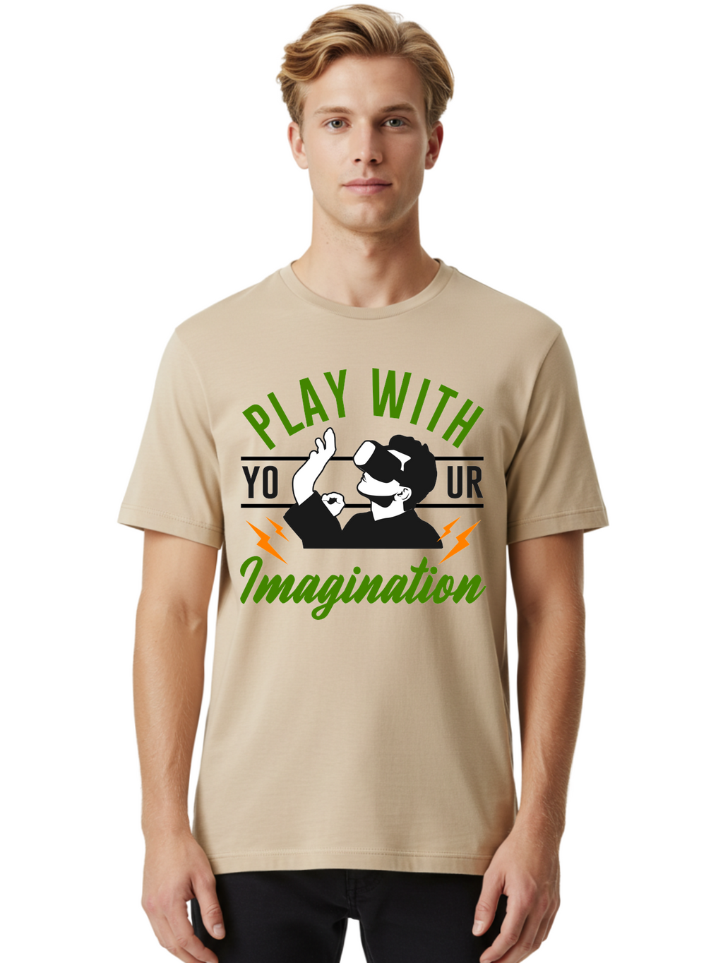 Play-With-Your-Imagination Men'S Graphic Tee, 100% Cotton, Comfortable Casual Summer Wear, Machine Washable, Virtual Reality Experience, Gaming Technology, Futuristic Entertainment, Immersive World, Creative Freedom, Innovative Design, -  Aaa656
