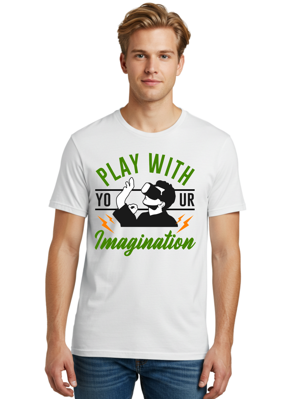 Play-With-Your-Imagination Men'S Graphic Tee, 100% Cotton, Comfortable Casual Summer Wear, Machine Washable, Virtual Reality Experience, Gaming Technology, Futuristic Entertainment, Immersive World, Creative Freedom, Innovative Design, -  Aaa656
