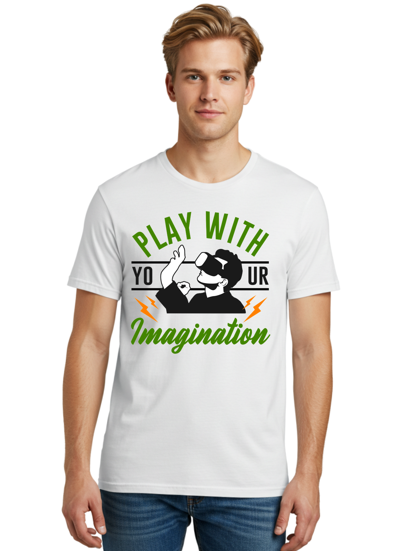 Play-With-Your-Imagination Men'S Graphic Tee, 100% Cotton, Comfortable Casual Summer Wear, Machine Washable, Virtual Reality Experience, Gaming Technology, Futuristic Entertainment, Immersive World, Creative Freedom, Innovative Design, -  Aaa656