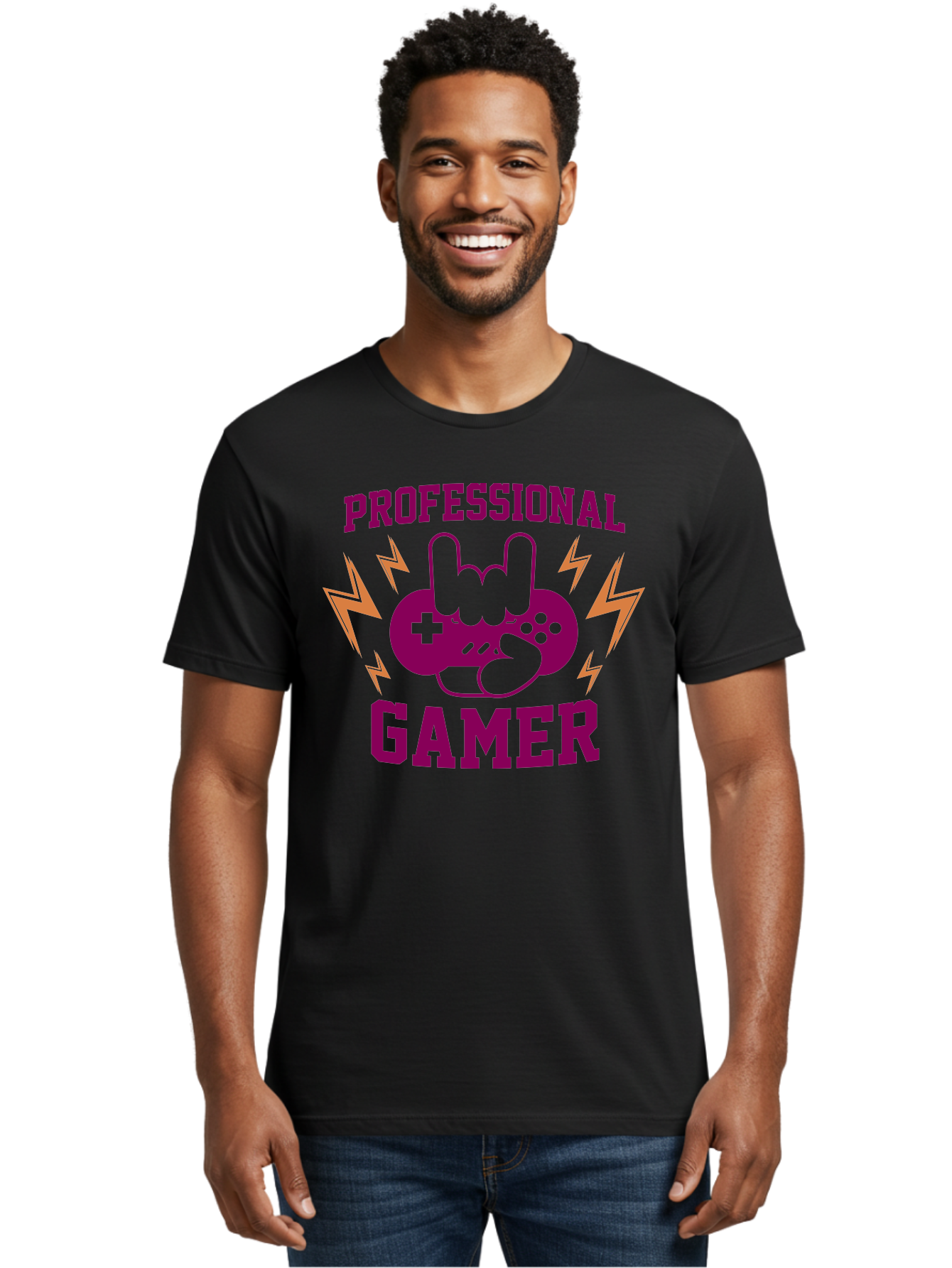 Professional-Gamer Men'S Graphic Tee, 100% Cotton, Comfortable Casual Summer Wear, Machine Washable, Professional Gamer, Gaming Logo, Video Game Controller, Rock On Hand Sign, Esports Branding, Gaming Culture, Purple And Green Graphics, -  Aaa658