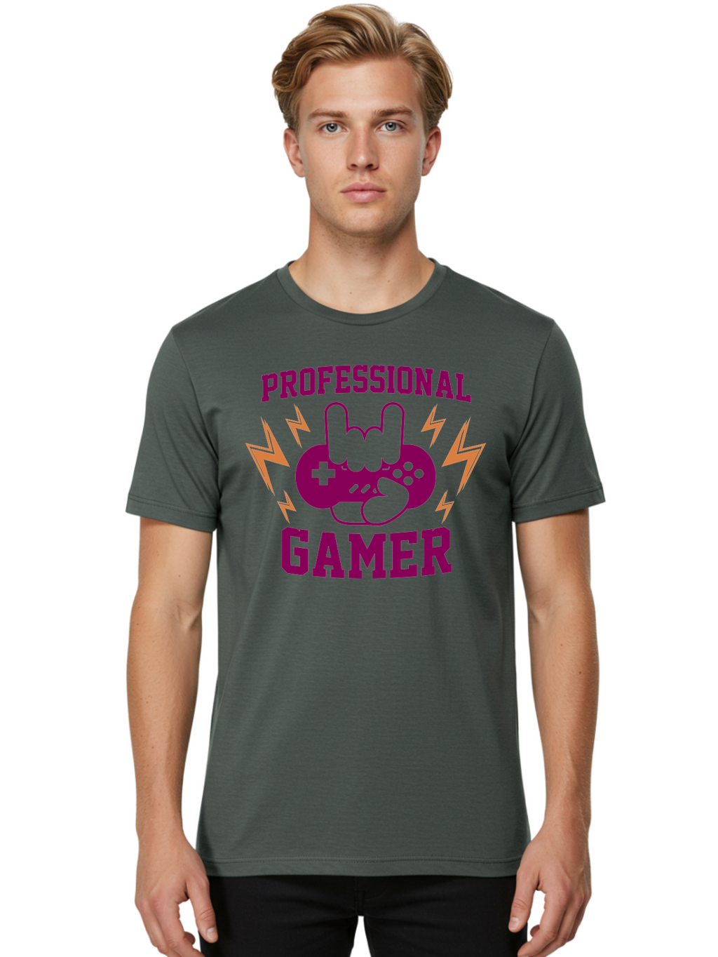 Professional-Gamer Men'S Graphic Tee, 100% Cotton, Comfortable Casual Summer Wear, Machine Washable, Professional Gamer, Gaming Logo, Video Game Controller, Rock On Hand Sign, Esports Branding, Gaming Culture, Purple And Green Graphics, -  Aaa658