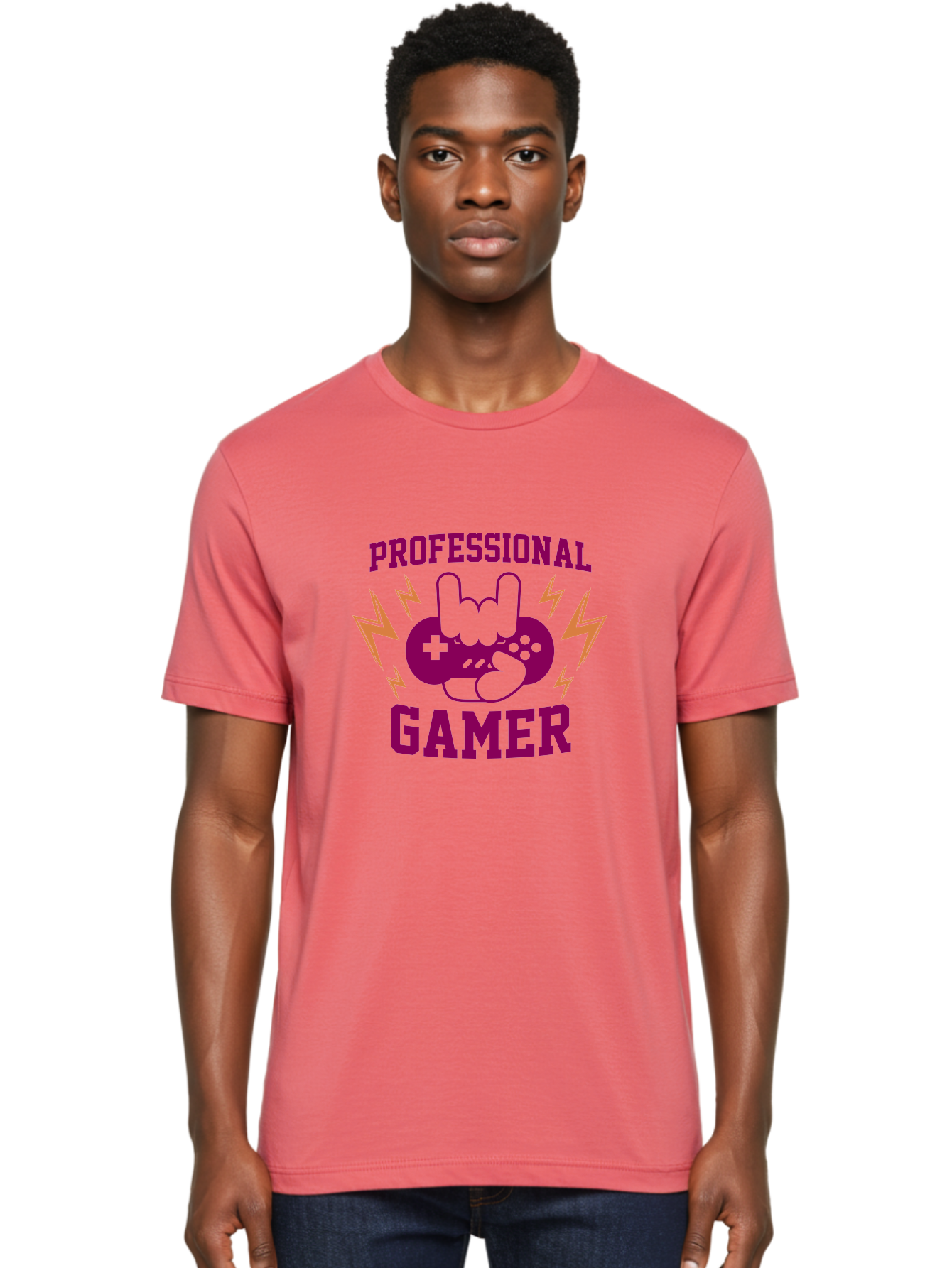 Professional-Gamer Men'S Graphic Tee, 100% Cotton, Comfortable Casual Summer Wear, Machine Washable, Professional Gamer, Gaming Logo, Video Game Controller, Rock On Hand Sign, Esports Branding, Gaming Culture, Purple And Green Graphics, -  Aaa658