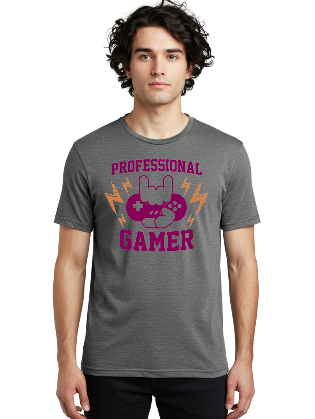 Professional-Gamer Men'S Graphic Tee, 100% Cotton, Comfortable Casual Summer Wear, Machine Washable, Professional Gamer, Gaming Logo, Video Game Controller, Rock On Hand Sign, Esports Branding, Gaming Culture, Purple And Green Graphics, -  Aaa658