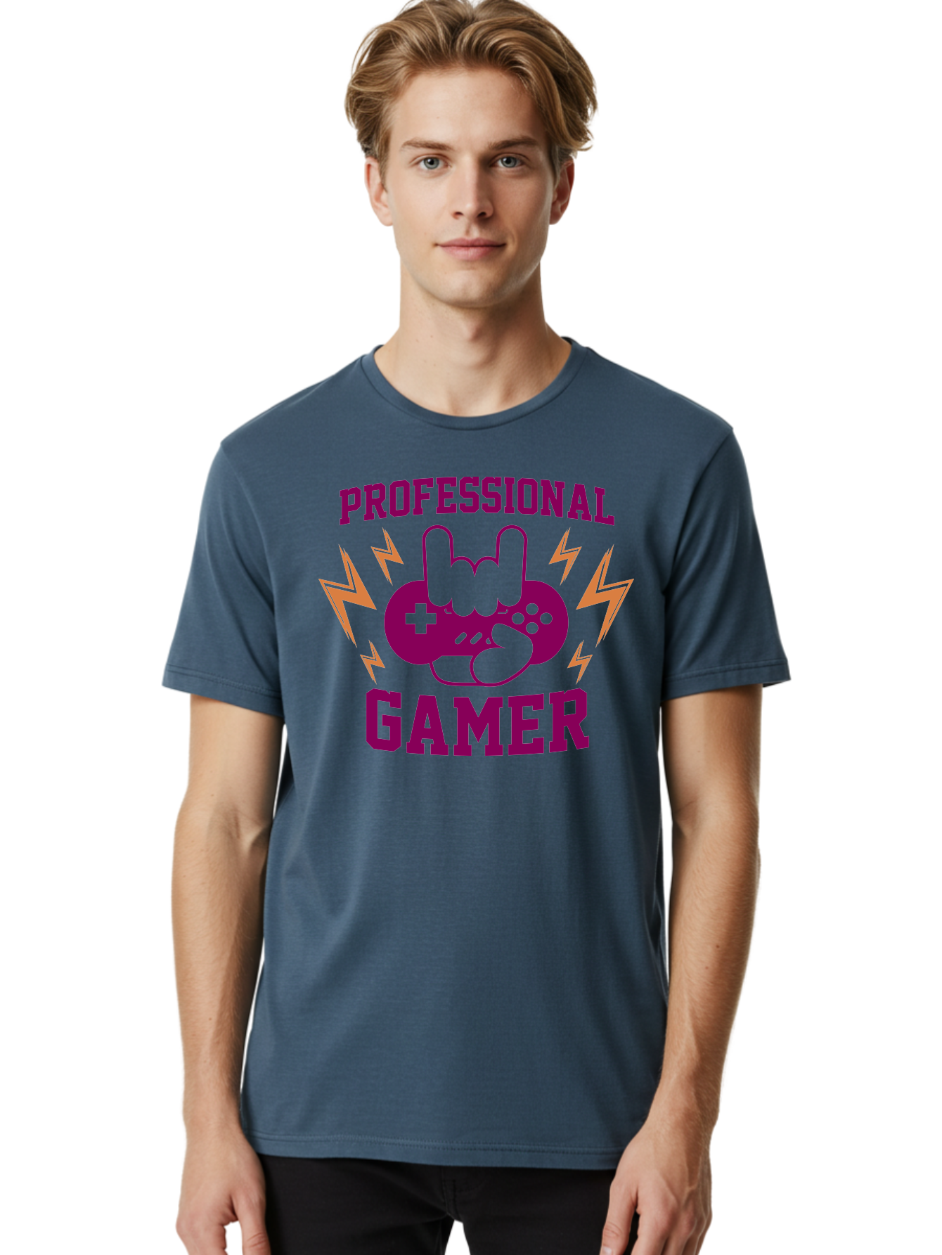 Professional-Gamer Men'S Graphic Tee, 100% Cotton, Comfortable Casual Summer Wear, Machine Washable, Professional Gamer, Gaming Logo, Video Game Controller, Rock On Hand Sign, Esports Branding, Gaming Culture, Purple And Green Graphics, -  Aaa658