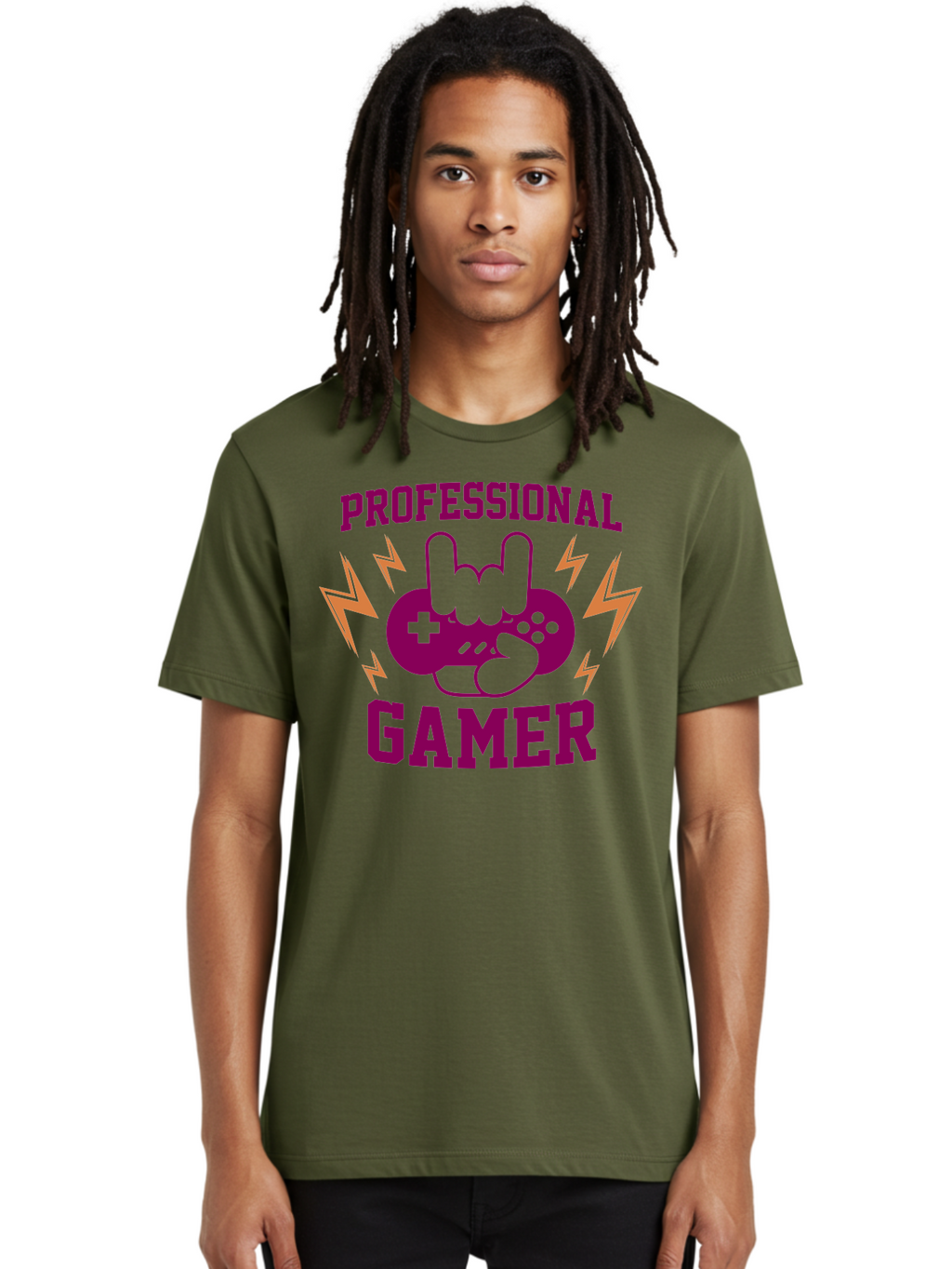 Professional-Gamer Men'S Graphic Tee, 100% Cotton, Comfortable Casual Summer Wear, Machine Washable, Professional Gamer, Gaming Logo, Video Game Controller, Rock On Hand Sign, Esports Branding, Gaming Culture, Purple And Green Graphics, -  Aaa658