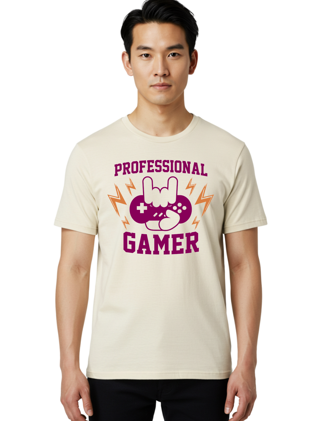 Professional-Gamer Men'S Graphic Tee, 100% Cotton, Comfortable Casual Summer Wear, Machine Washable, Professional Gamer, Gaming Logo, Video Game Controller, Rock On Hand Sign, Esports Branding, Gaming Culture, Purple And Green Graphics, -  Aaa658