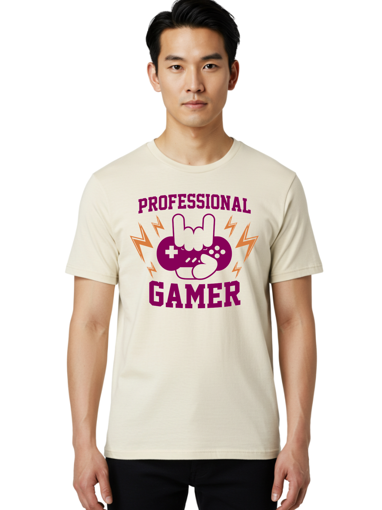 Professional-Gamer Men'S Graphic Tee, 100% Cotton, Comfortable Casual Summer Wear, Machine Washable, Professional Gamer, Gaming Logo, Video Game Controller, Rock On Hand Sign, Esports Branding, Gaming Culture, Purple And Green Graphics, -  Aaa658