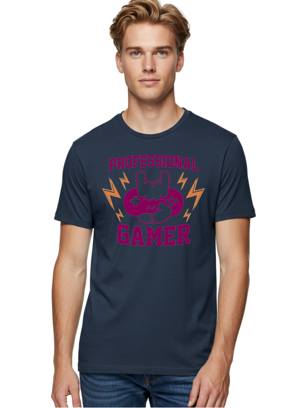 Professional-Gamer Men'S Graphic Tee, 100% Cotton, Comfortable Casual Summer Wear, Machine Washable, Professional Gamer, Gaming Logo, Video Game Controller, Rock On Hand Sign, Esports Branding, Gaming Culture, Purple And Green Graphics, -  Aaa658