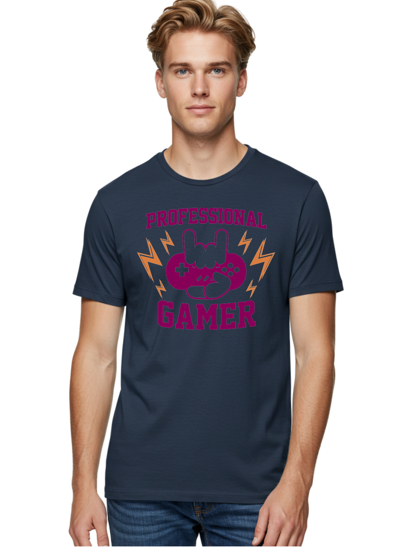 Professional-Gamer Men'S Graphic Tee, 100% Cotton, Comfortable Casual Summer Wear, Machine Washable, Professional Gamer, Gaming Logo, Video Game Controller, Rock On Hand Sign, Esports Branding, Gaming Culture, Purple And Green Graphics, -  Aaa658