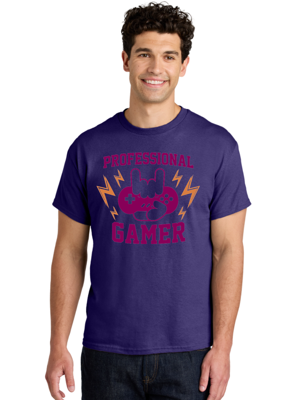 Professional-Gamer Men'S Graphic Tee, 100% Cotton, Comfortable Casual Summer Wear, Machine Washable, Professional Gamer, Gaming Logo, Video Game Controller, Rock On Hand Sign, Esports Branding, Gaming Culture, Purple And Green Graphics, -  Aaa658