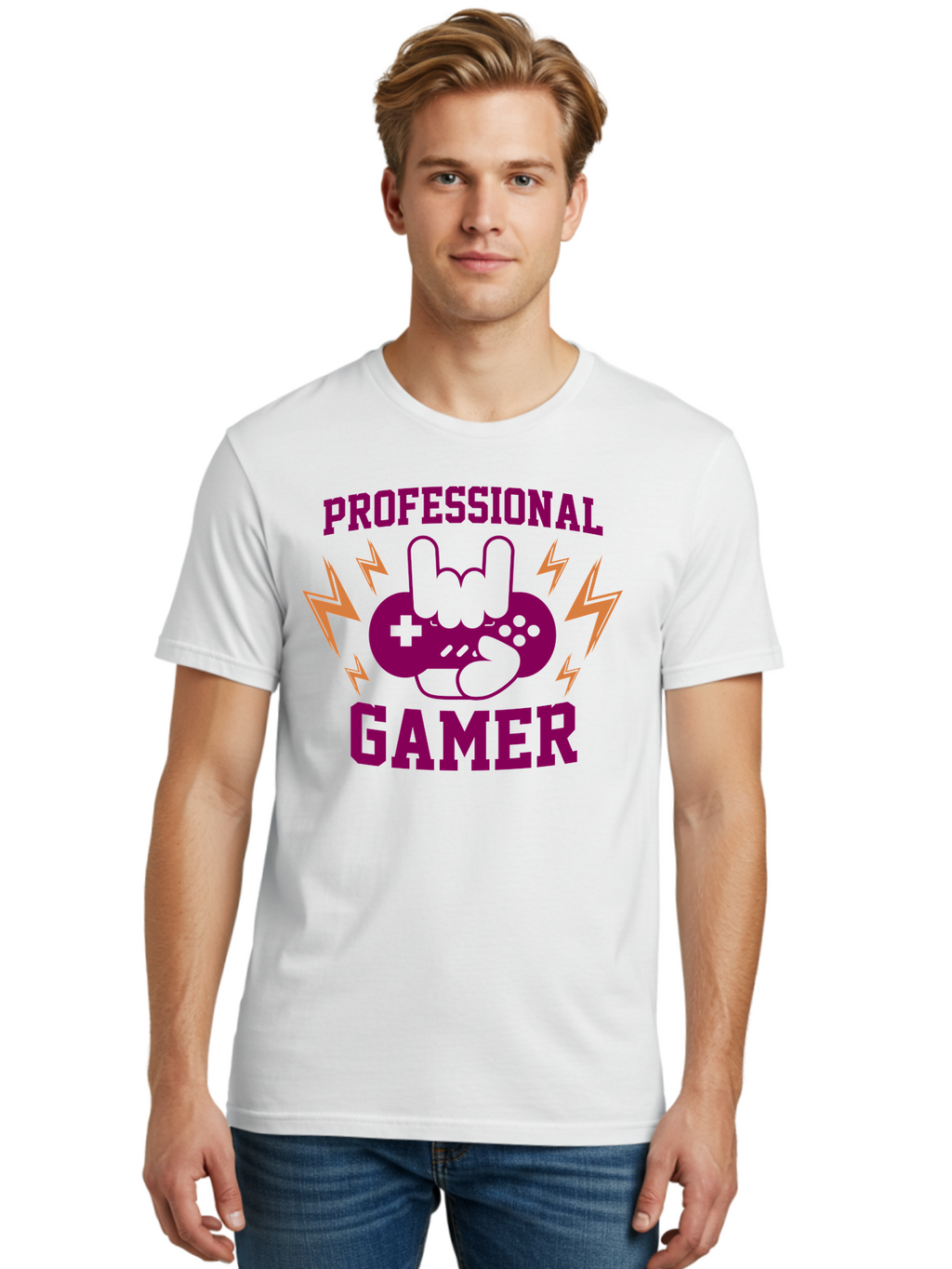Professional-Gamer Men'S Graphic Tee, 100% Cotton, Comfortable Casual Summer Wear, Machine Washable, Professional Gamer, Gaming Logo, Video Game Controller, Rock On Hand Sign, Esports Branding, Gaming Culture, Purple And Green Graphics, -  Aaa658