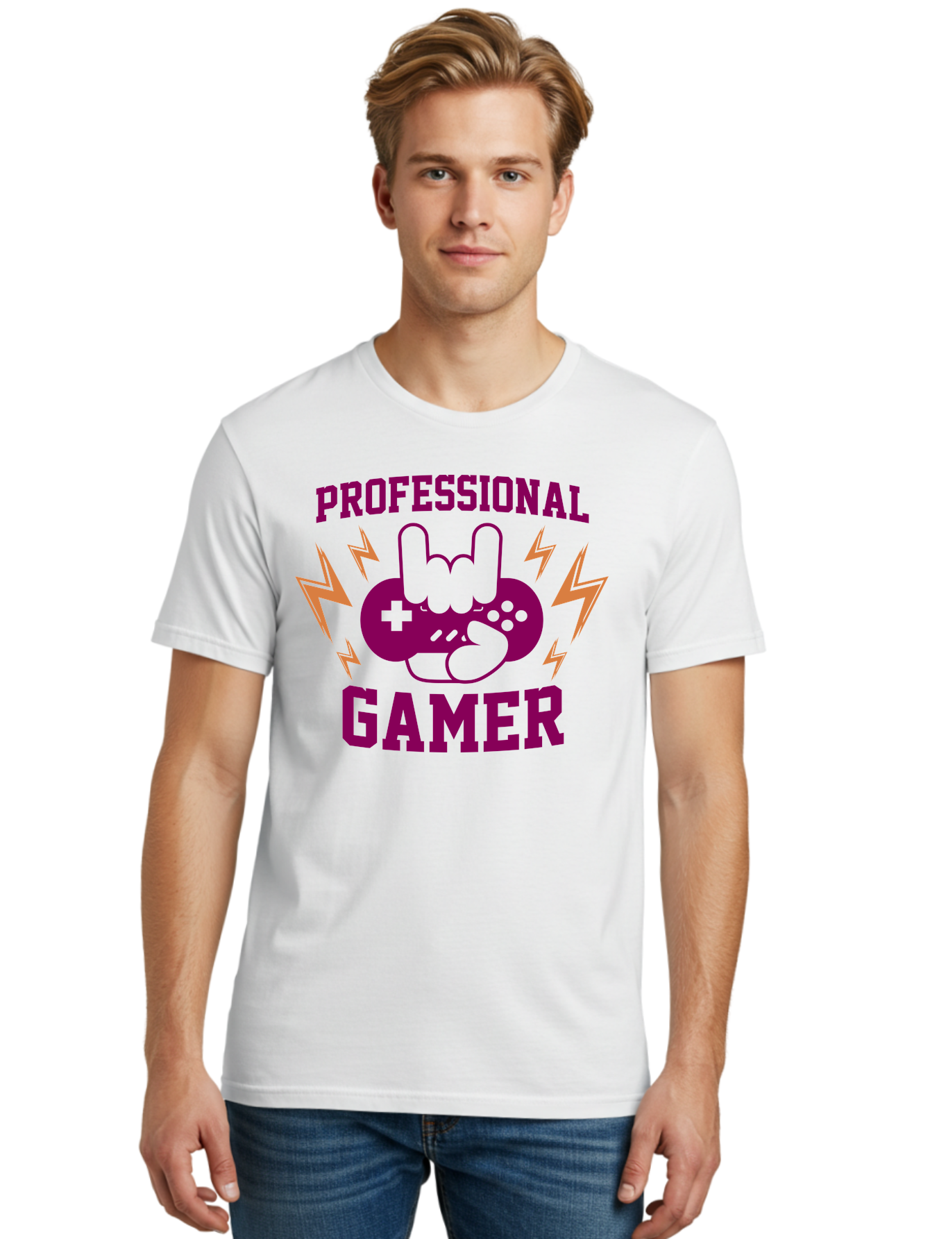 Professional-Gamer Men'S Graphic Tee, 100% Cotton, Comfortable Casual Summer Wear, Machine Washable, Professional Gamer, Gaming Logo, Video Game Controller, Rock On Hand Sign, Esports Branding, Gaming Culture, Purple And Green Graphics, -  Aaa658