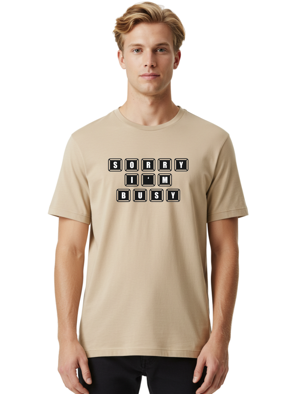 Sorry-I-M-Busy Men'S Graphic Tee, 100% Cotton, Comfortable Casual Summer Wear, Machine Washable, Keyboard Keys, Sorry Message, Busy Status, Retro Computer, Nostalgic Design, Typing Layout, Simple Font, Tech Graphics, Computer Nostalgia, -  Aaa659