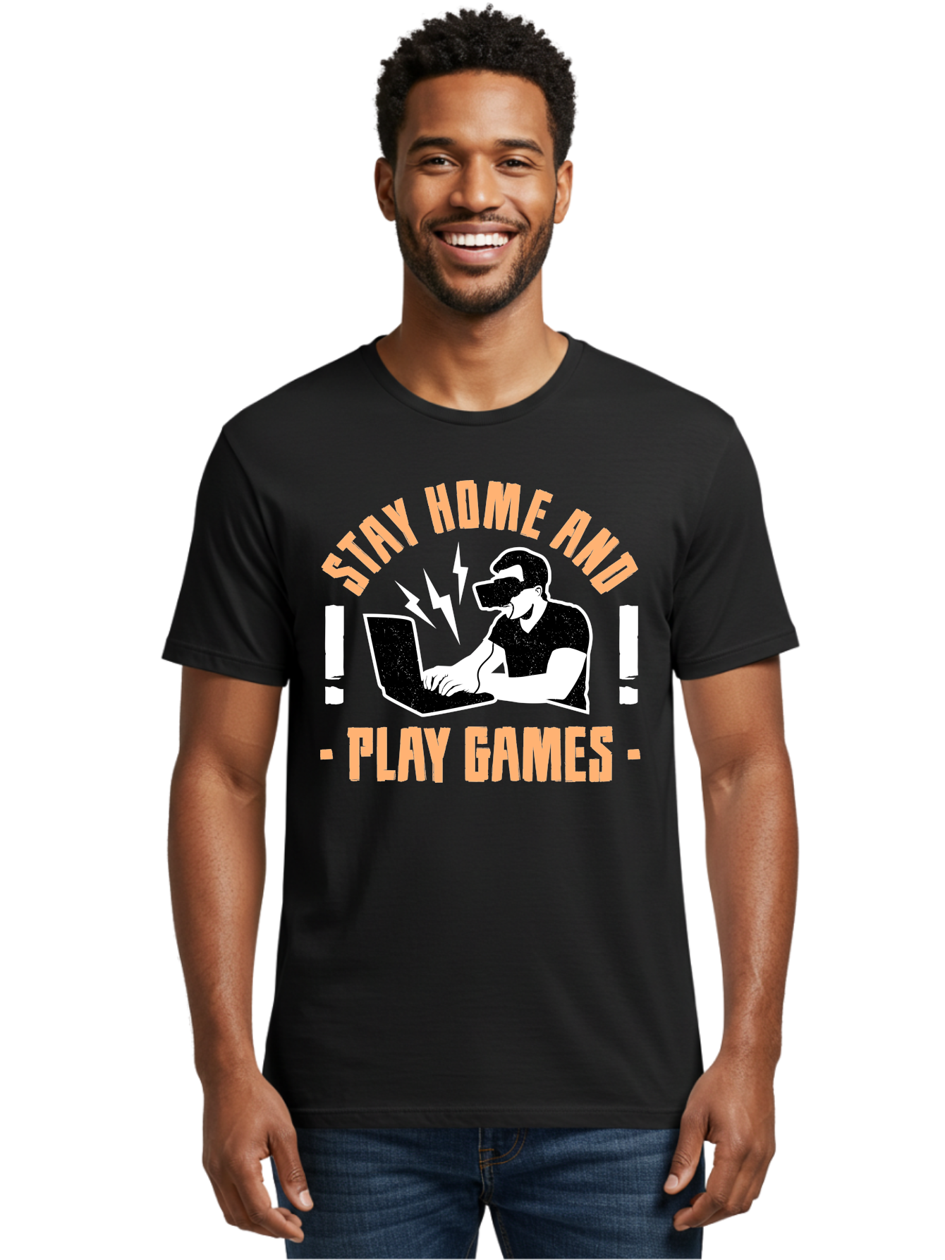 Stay-Home-And-Play-Games Men'S Graphic Tee, 100% Cotton, Comfortable Casual Summer Wear, Machine Washable, Gamer Playing Games On Laptop, Virtual Reality Gaming, Online Gaming, Stay Home Message, Gaming Promotion, Vr Headset -  Aaa661