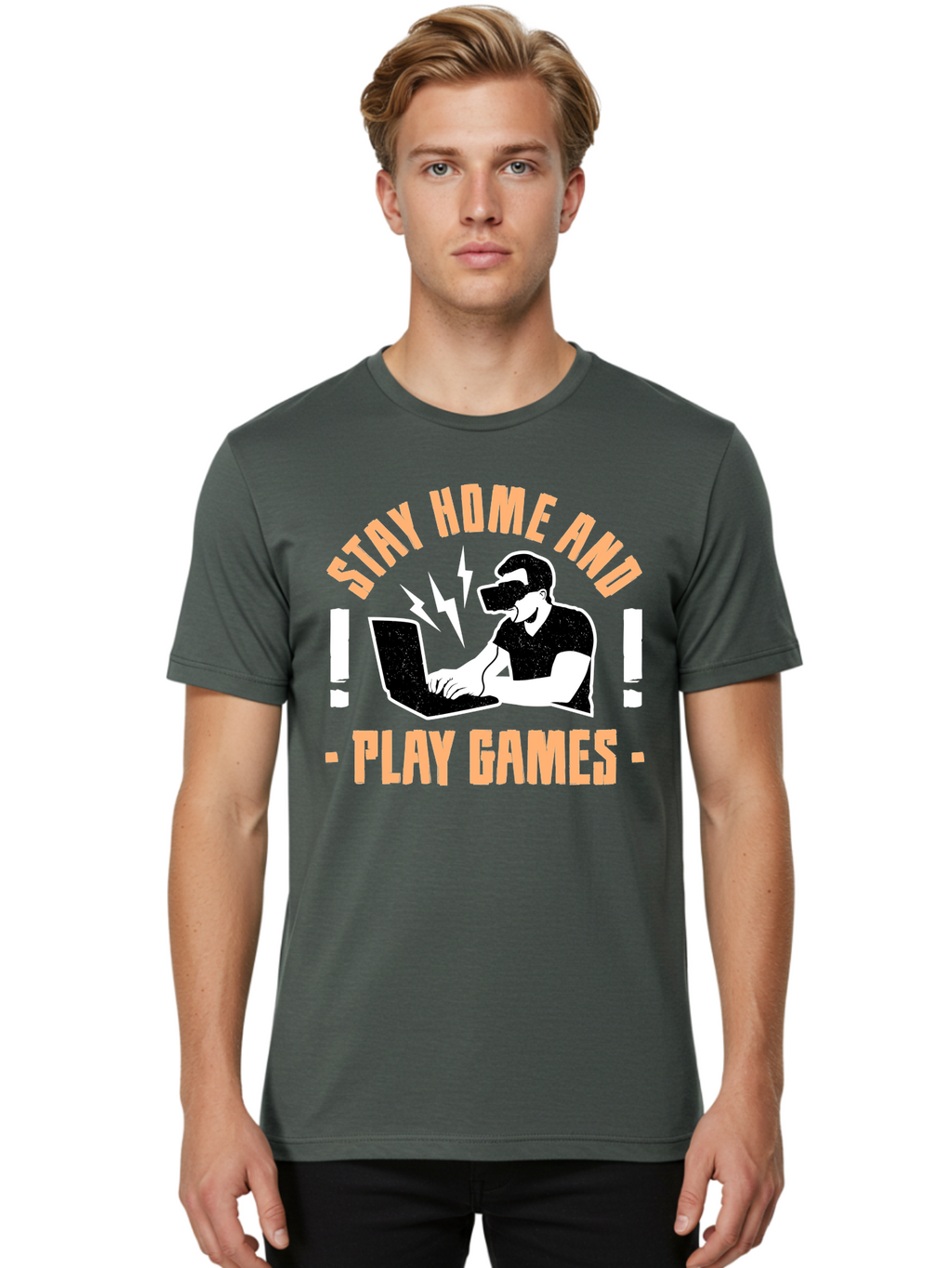 Stay-Home-And-Play-Games Men'S Graphic Tee, 100% Cotton, Comfortable Casual Summer Wear, Machine Washable, Gamer Playing Games On Laptop, Virtual Reality Gaming, Online Gaming, Stay Home Message, Gaming Promotion, Vr Headset -  Aaa661