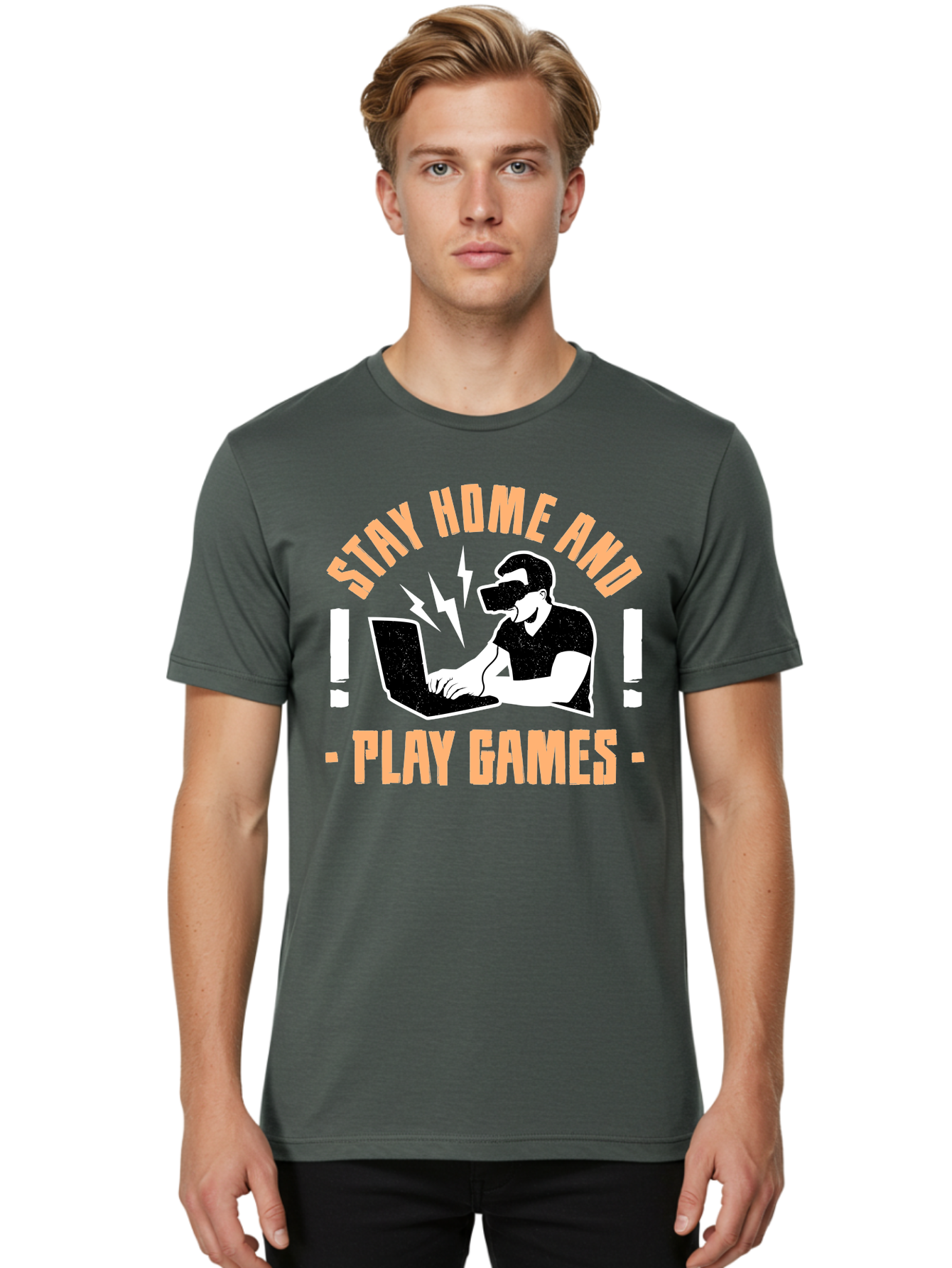 Stay-Home-And-Play-Games Men'S Graphic Tee, 100% Cotton, Comfortable Casual Summer Wear, Machine Washable, Gamer Playing Games On Laptop, Virtual Reality Gaming, Online Gaming, Stay Home Message, Gaming Promotion, Vr Headset -  Aaa661
