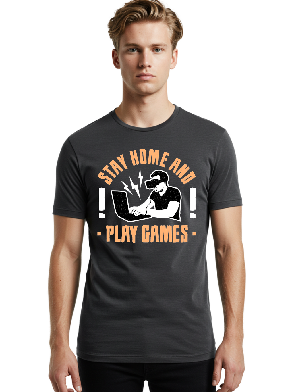 Stay-Home-And-Play-Games Men'S Graphic Tee, 100% Cotton, Comfortable Casual Summer Wear, Machine Washable, Gamer Playing Games On Laptop, Virtual Reality Gaming, Online Gaming, Stay Home Message, Gaming Promotion, Vr Headset -  Aaa661