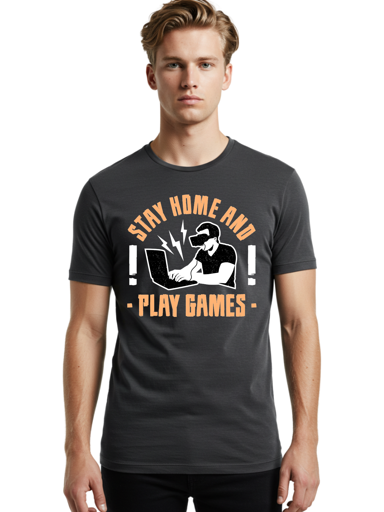 Stay-Home-And-Play-Games Men'S Graphic Tee, 100% Cotton, Comfortable Casual Summer Wear, Machine Washable, Gamer Playing Games On Laptop, Virtual Reality Gaming, Online Gaming, Stay Home Message, Gaming Promotion, Vr Headset -  Aaa661
