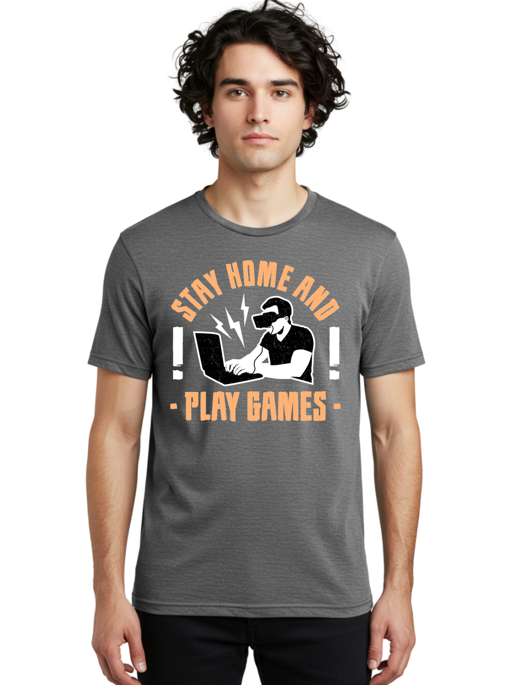 Stay-Home-And-Play-Games Men'S Graphic Tee, 100% Cotton, Comfortable Casual Summer Wear, Machine Washable, Gamer Playing Games On Laptop, Virtual Reality Gaming, Online Gaming, Stay Home Message, Gaming Promotion, Vr Headset -  Aaa661