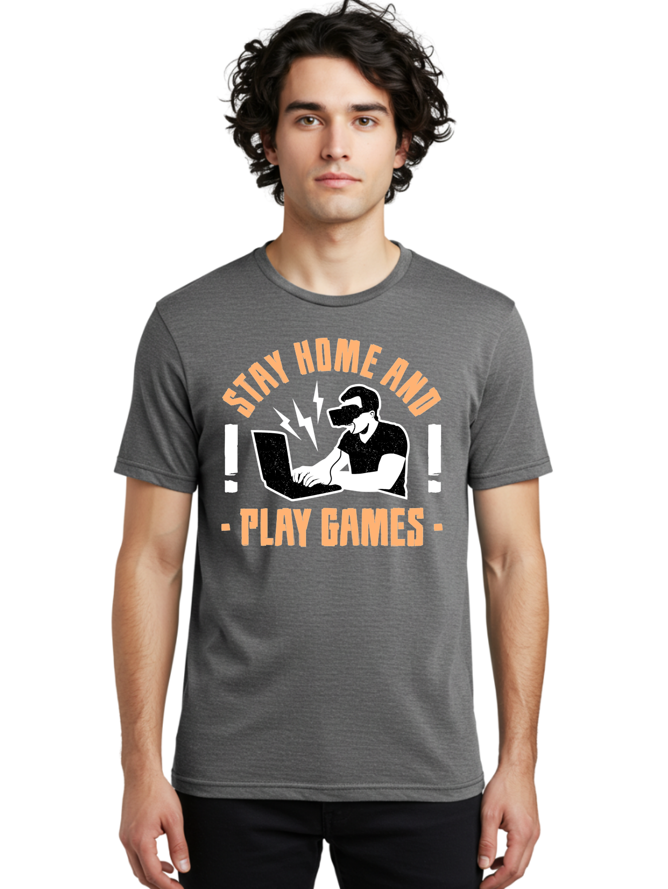 Stay-Home-And-Play-Games Men'S Graphic Tee, 100% Cotton, Comfortable Casual Summer Wear, Machine Washable, Gamer Playing Games On Laptop, Virtual Reality Gaming, Online Gaming, Stay Home Message, Gaming Promotion, Vr Headset -  Aaa661