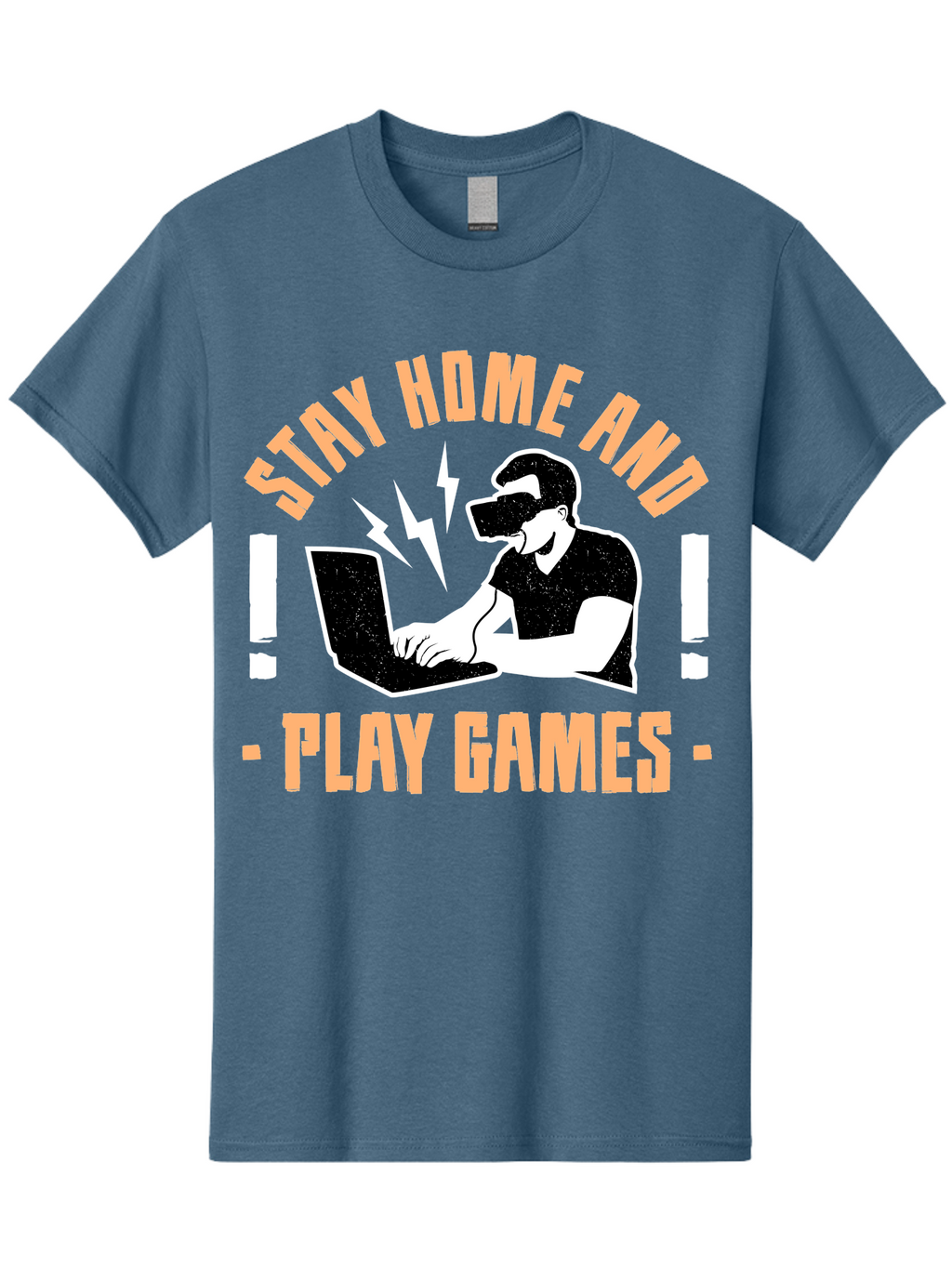 Stay-Home-And-Play-Games Men'S Graphic Tee, 100% Cotton, Comfortable Casual Summer Wear, Machine Washable, Gamer Playing Games On Laptop, Virtual Reality Gaming, Online Gaming, Stay Home Message, Gaming Promotion, Vr Headset -  Aaa661