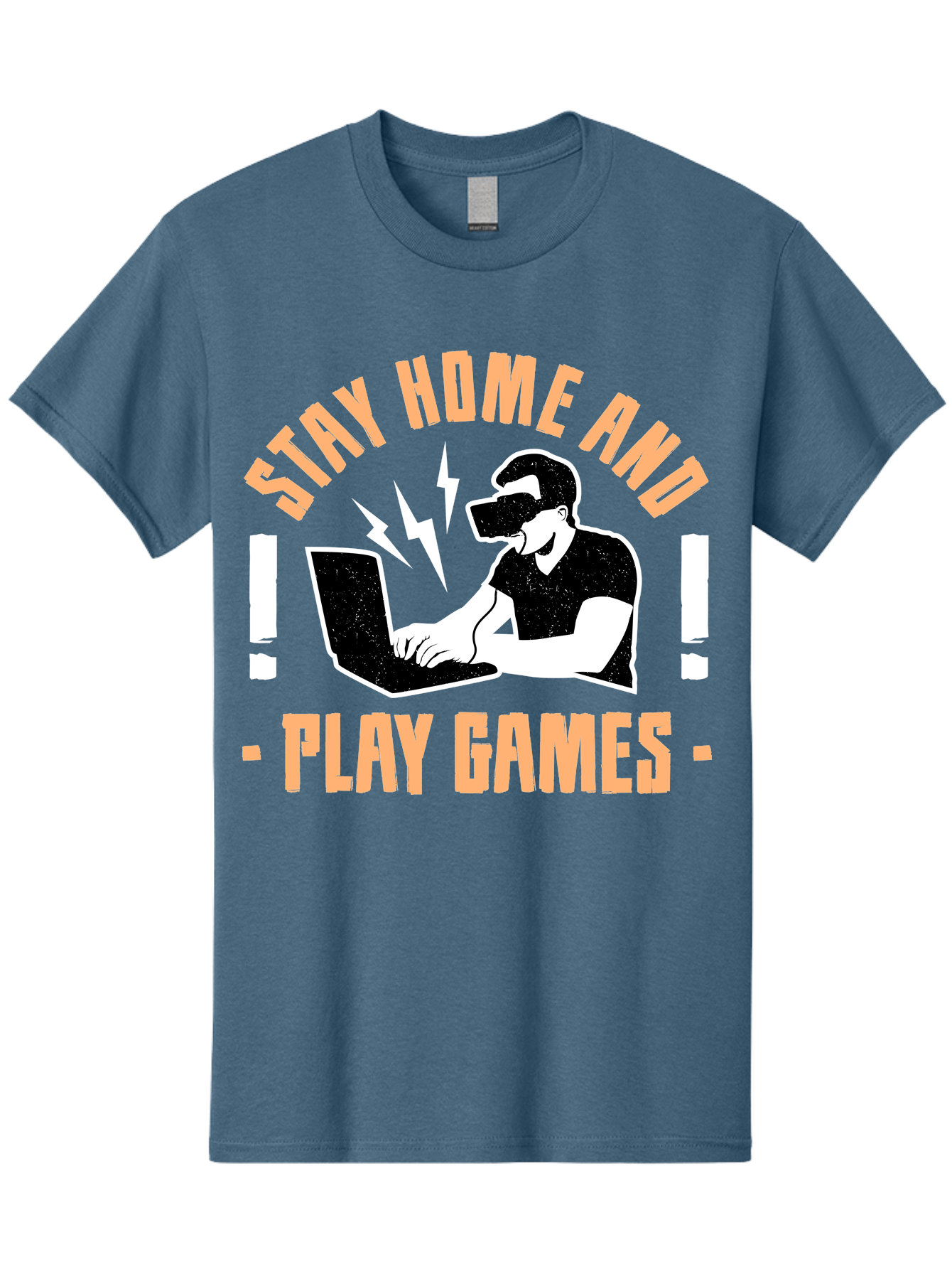 Stay-Home-And-Play-Games Men'S Graphic Tee, 100% Cotton, Comfortable Casual Summer Wear, Machine Washable, Gamer Playing Games On Laptop, Virtual Reality Gaming, Online Gaming, Stay Home Message, Gaming Promotion, Vr Headset -  Aaa661