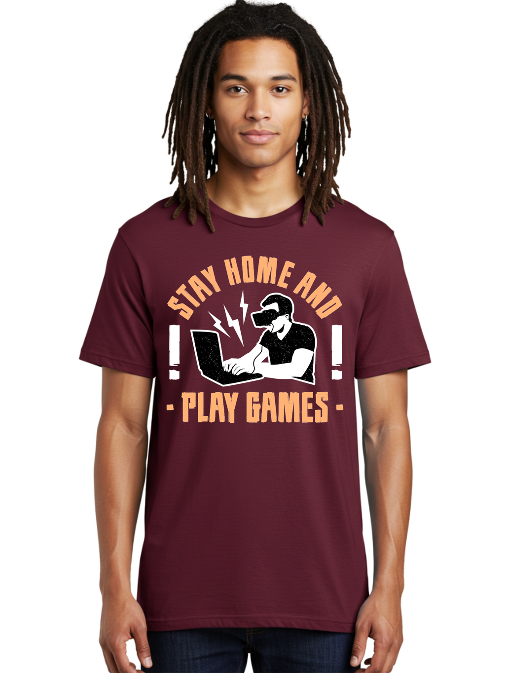 Stay-Home-And-Play-Games Men'S Graphic Tee, 100% Cotton, Comfortable Casual Summer Wear, Machine Washable, Gamer Playing Games On Laptop, Virtual Reality Gaming, Online Gaming, Stay Home Message, Gaming Promotion, Vr Headset -  Aaa661