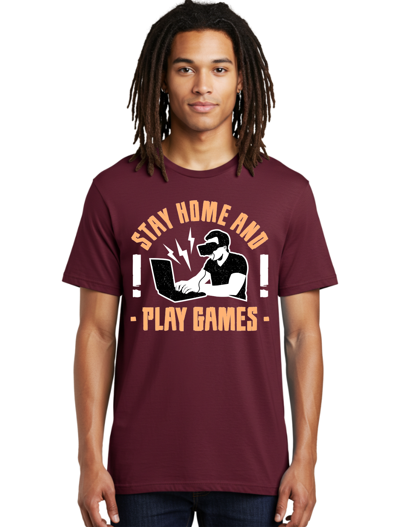 Stay-Home-And-Play-Games Men'S Graphic Tee, 100% Cotton, Comfortable Casual Summer Wear, Machine Washable, Gamer Playing Games On Laptop, Virtual Reality Gaming, Online Gaming, Stay Home Message, Gaming Promotion, Vr Headset -  Aaa661