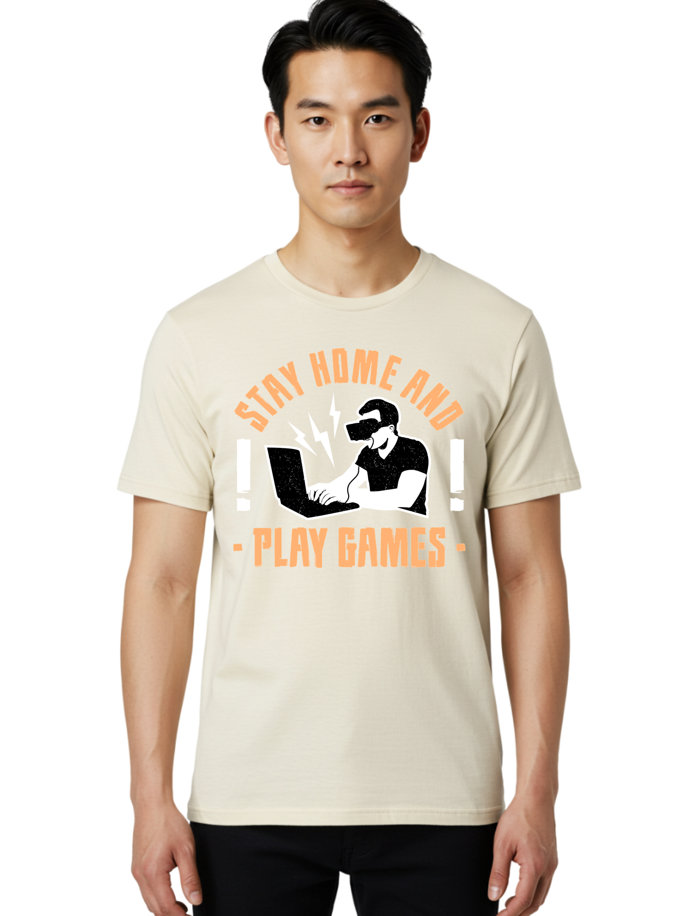 Stay-Home-And-Play-Games Men'S Graphic Tee, 100% Cotton, Comfortable Casual Summer Wear, Machine Washable, Gamer Playing Games On Laptop, Virtual Reality Gaming, Online Gaming, Stay Home Message, Gaming Promotion, Vr Headset -  Aaa661