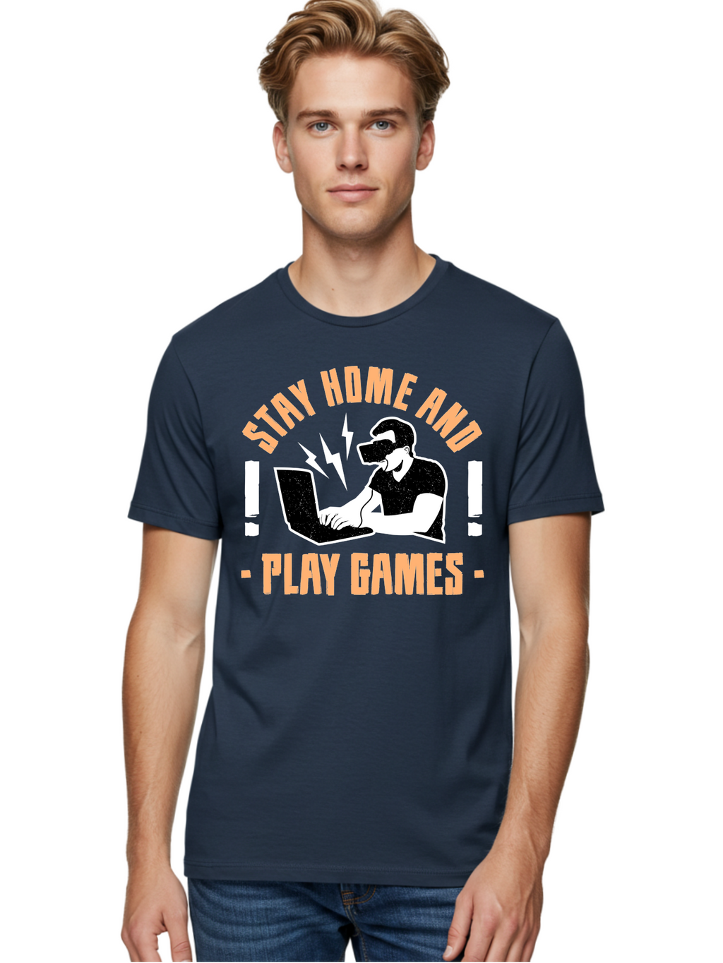 Stay-Home-And-Play-Games Men'S Graphic Tee, 100% Cotton, Comfortable Casual Summer Wear, Machine Washable, Gamer Playing Games On Laptop, Virtual Reality Gaming, Online Gaming, Stay Home Message, Gaming Promotion, Vr Headset -  Aaa661