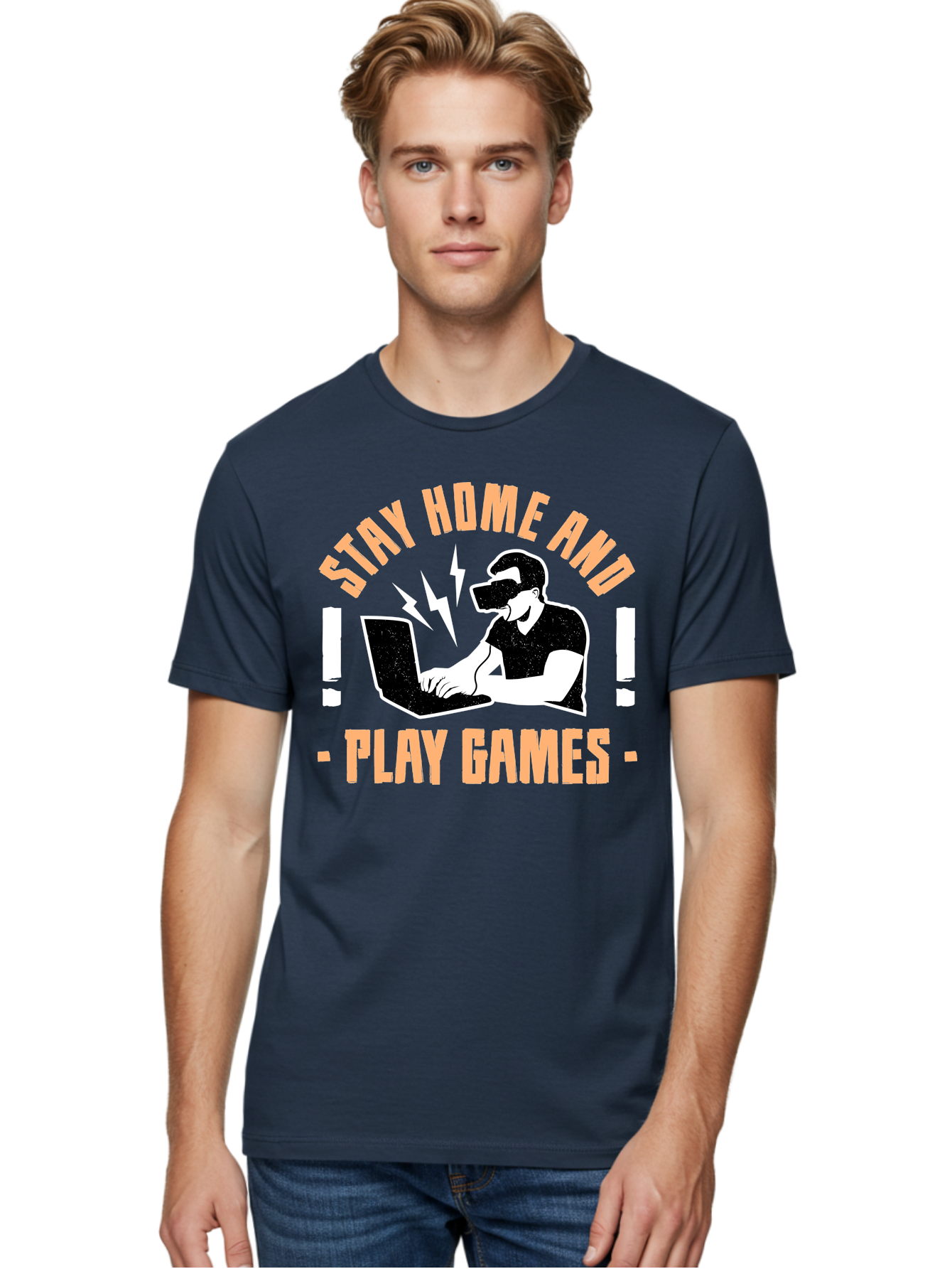 Stay-Home-And-Play-Games Men'S Graphic Tee, 100% Cotton, Comfortable Casual Summer Wear, Machine Washable, Gamer Playing Games On Laptop, Virtual Reality Gaming, Online Gaming, Stay Home Message, Gaming Promotion, Vr Headset -  Aaa661