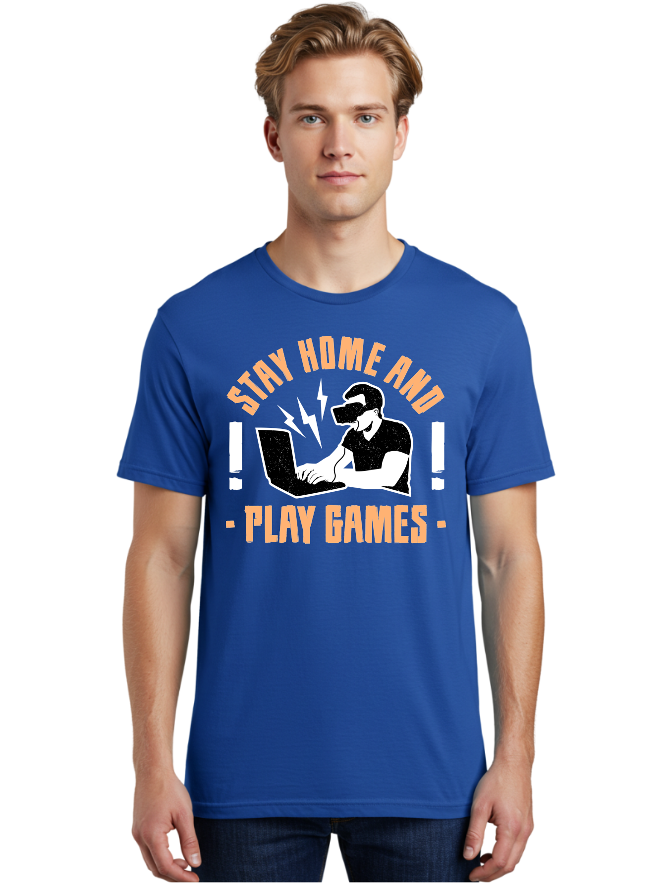 Stay-Home-And-Play-Games Men'S Graphic Tee, 100% Cotton, Comfortable Casual Summer Wear, Machine Washable, Gamer Playing Games On Laptop, Virtual Reality Gaming, Online Gaming, Stay Home Message, Gaming Promotion, Vr Headset -  Aaa661