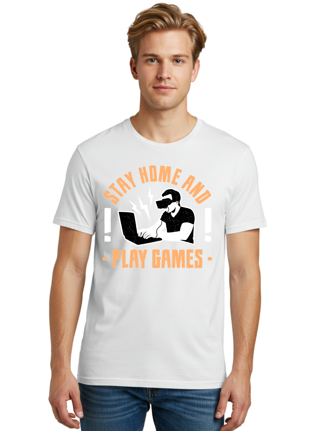 Stay-Home-And-Play-Games Men'S Graphic Tee, 100% Cotton, Comfortable Casual Summer Wear, Machine Washable, Gamer Playing Games On Laptop, Virtual Reality Gaming, Online Gaming, Stay Home Message, Gaming Promotion, Vr Headset -  Aaa661