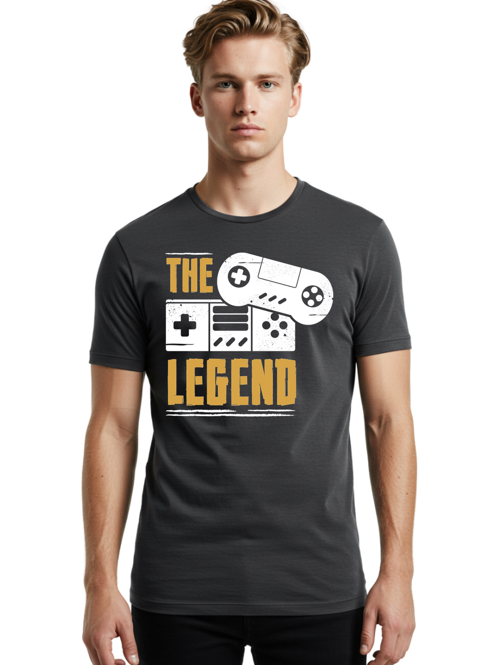 The-Legend Men'S Graphic Tee, 100% Cotton, Comfortable Casual Summer Wear, Machine Washable, Vintage Game Controller, Retro Gaming, Nostalgic Feel, Classic Video Games, Gaming Culture, Retro Tech, Pixel Art, Gaming Nostalgia -  Aaa664