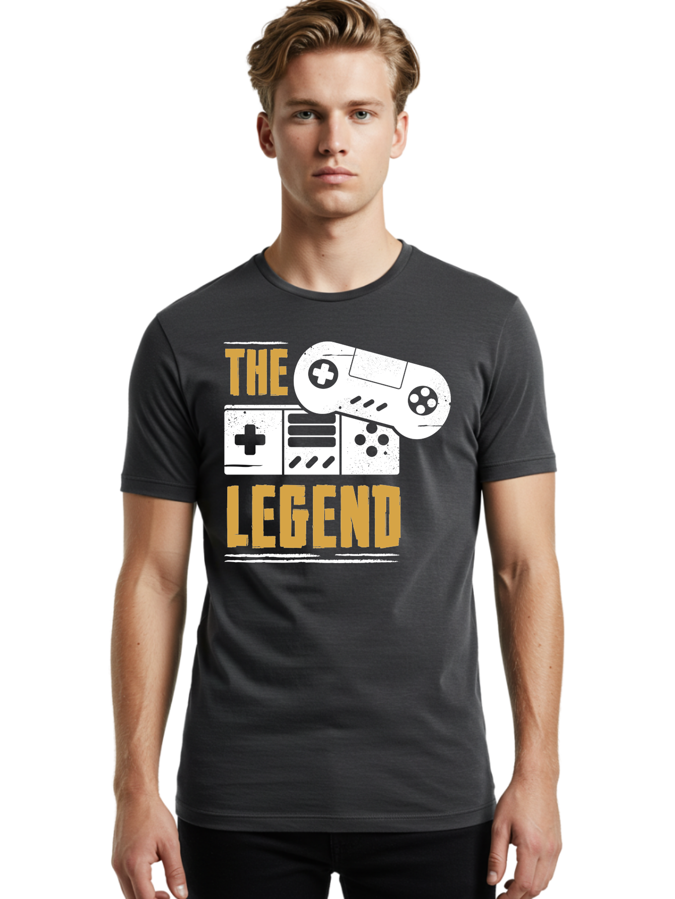 The-Legend Men'S Graphic Tee, 100% Cotton, Comfortable Casual Summer Wear, Machine Washable, Vintage Game Controller, Retro Gaming, Nostalgic Feel, Classic Video Games, Gaming Culture, Retro Tech, Pixel Art, Gaming Nostalgia -  Aaa664