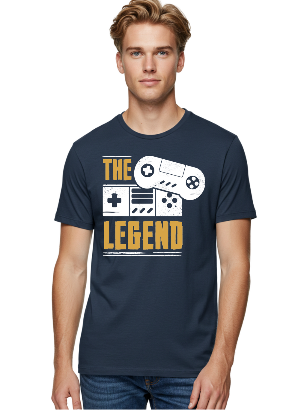The-Legend Men'S Graphic Tee, 100% Cotton, Comfortable Casual Summer Wear, Machine Washable, Vintage Game Controller, Retro Gaming, Nostalgic Feel, Classic Video Games, Gaming Culture, Retro Tech, Pixel Art, Gaming Nostalgia -  Aaa664