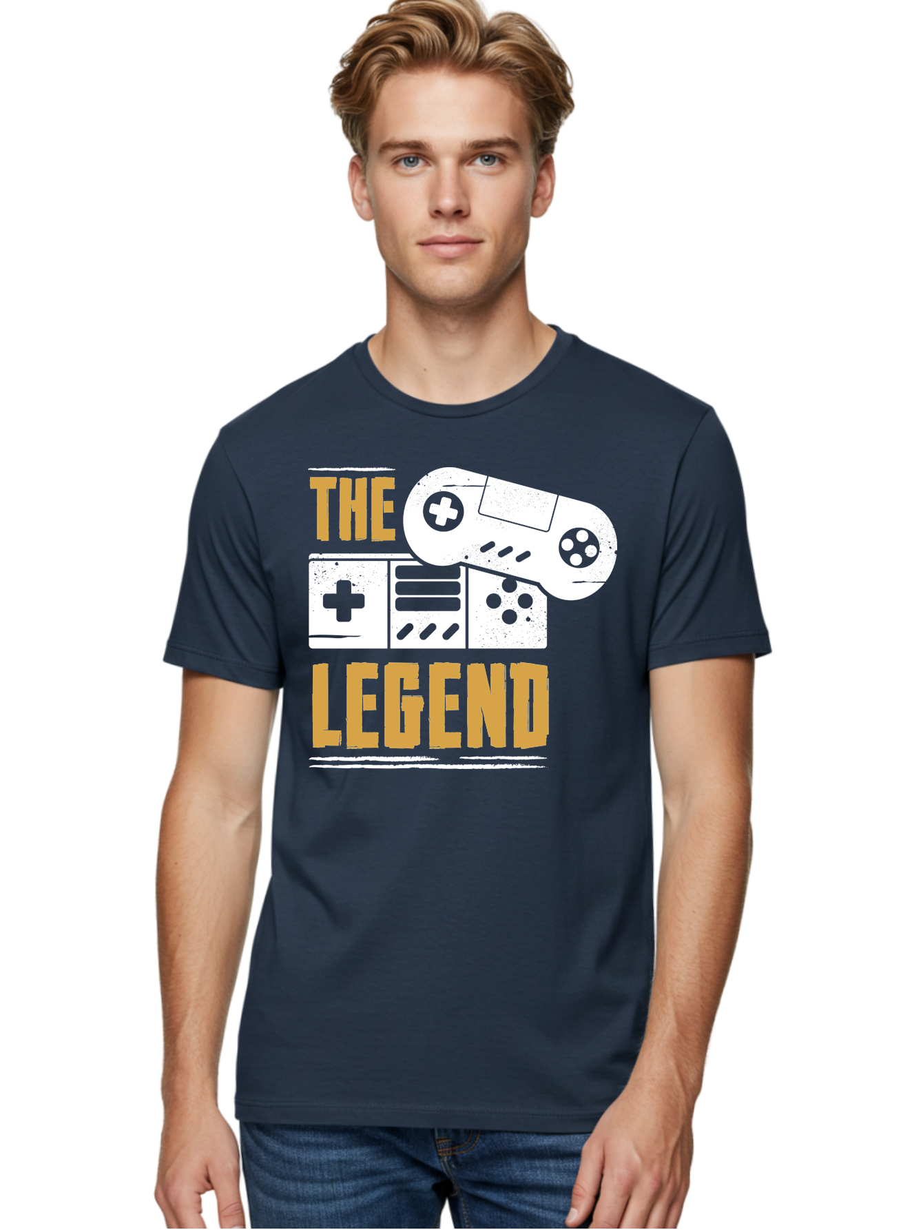 The-Legend Men'S Graphic Tee, 100% Cotton, Comfortable Casual Summer Wear, Machine Washable, Vintage Game Controller, Retro Gaming, Nostalgic Feel, Classic Video Games, Gaming Culture, Retro Tech, Pixel Art, Gaming Nostalgia -  Aaa664