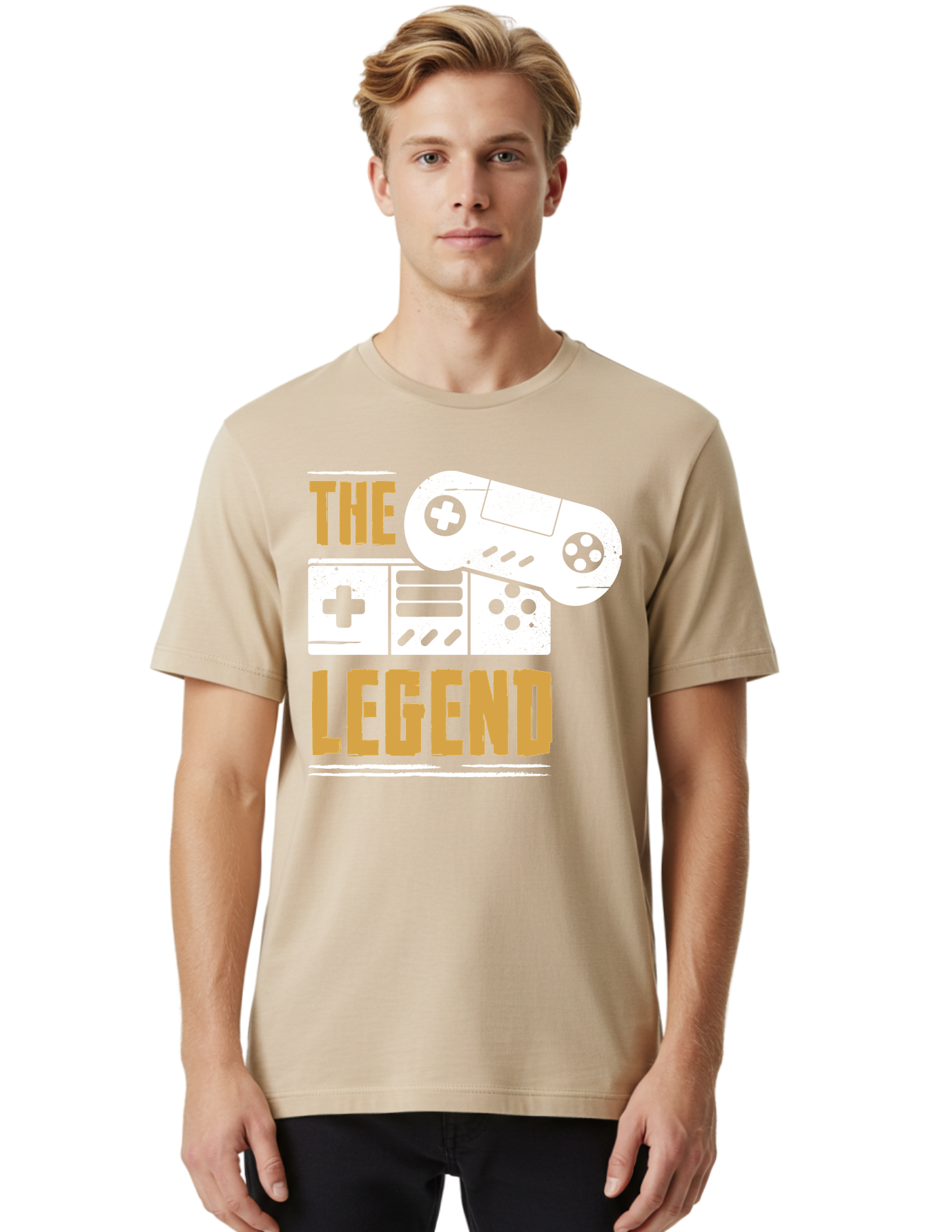 The-Legend Men'S Graphic Tee, 100% Cotton, Comfortable Casual Summer Wear, Machine Washable, Vintage Game Controller, Retro Gaming, Nostalgic Feel, Classic Video Games, Gaming Culture, Retro Tech, Pixel Art, Gaming Nostalgia -  Aaa664