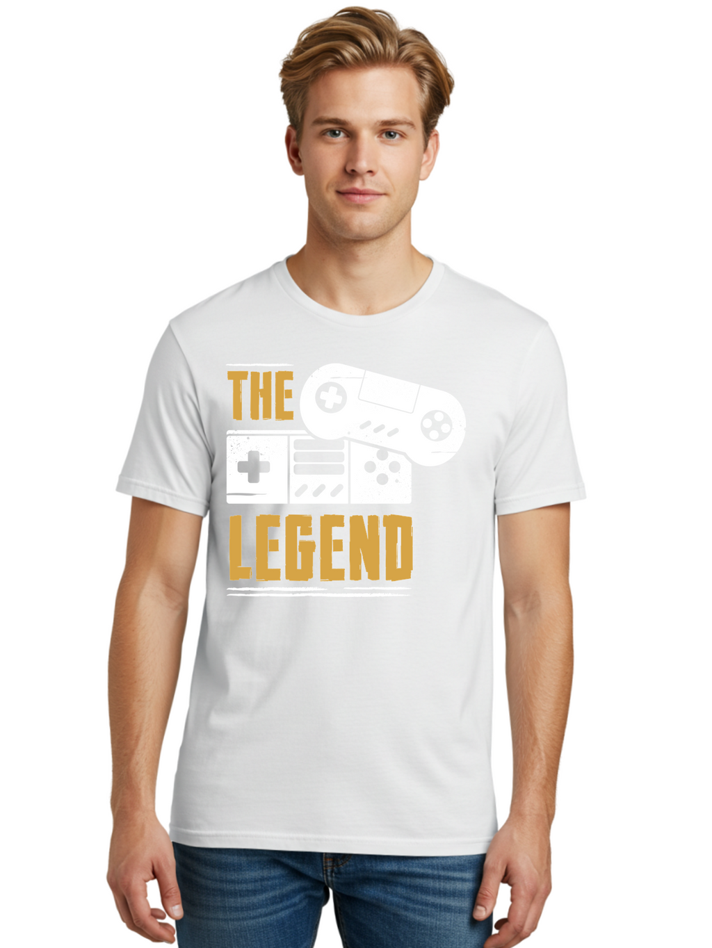 The-Legend Men'S Graphic Tee, 100% Cotton, Comfortable Casual Summer Wear, Machine Washable, Vintage Game Controller, Retro Gaming, Nostalgic Feel, Classic Video Games, Gaming Culture, Retro Tech, Pixel Art, Gaming Nostalgia -  Aaa664