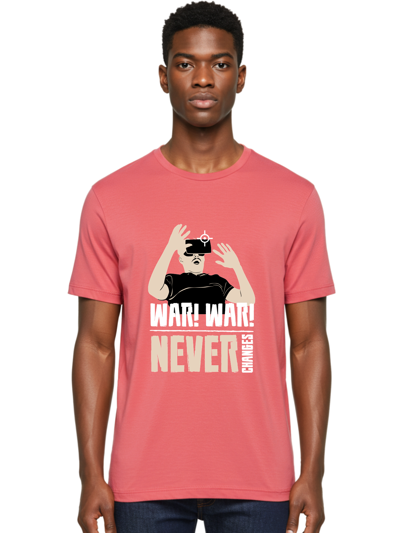War-War-Never-Changes Men'S Graphic Tee, 100% Cotton, Comfortable Casual Summer Wear, Machine Washable, Man Wearing Vr Headset, Futuristic Technology, Gaming Experience, Immersive Reality, Bold Typography, Contrasting Colors, -  Aaa666