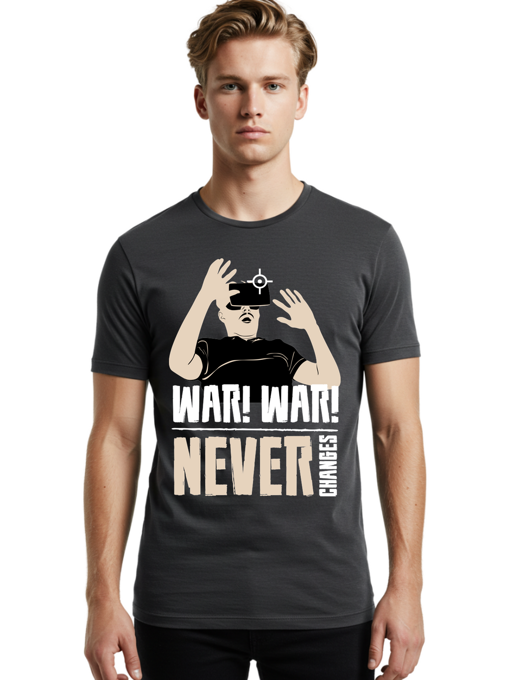 War-War-Never-Changes Men'S Graphic Tee, 100% Cotton, Comfortable Casual Summer Wear, Machine Washable, Man Wearing Vr Headset, Futuristic Technology, Gaming Experience, Immersive Reality, Bold Typography, Contrasting Colors, -  Aaa666