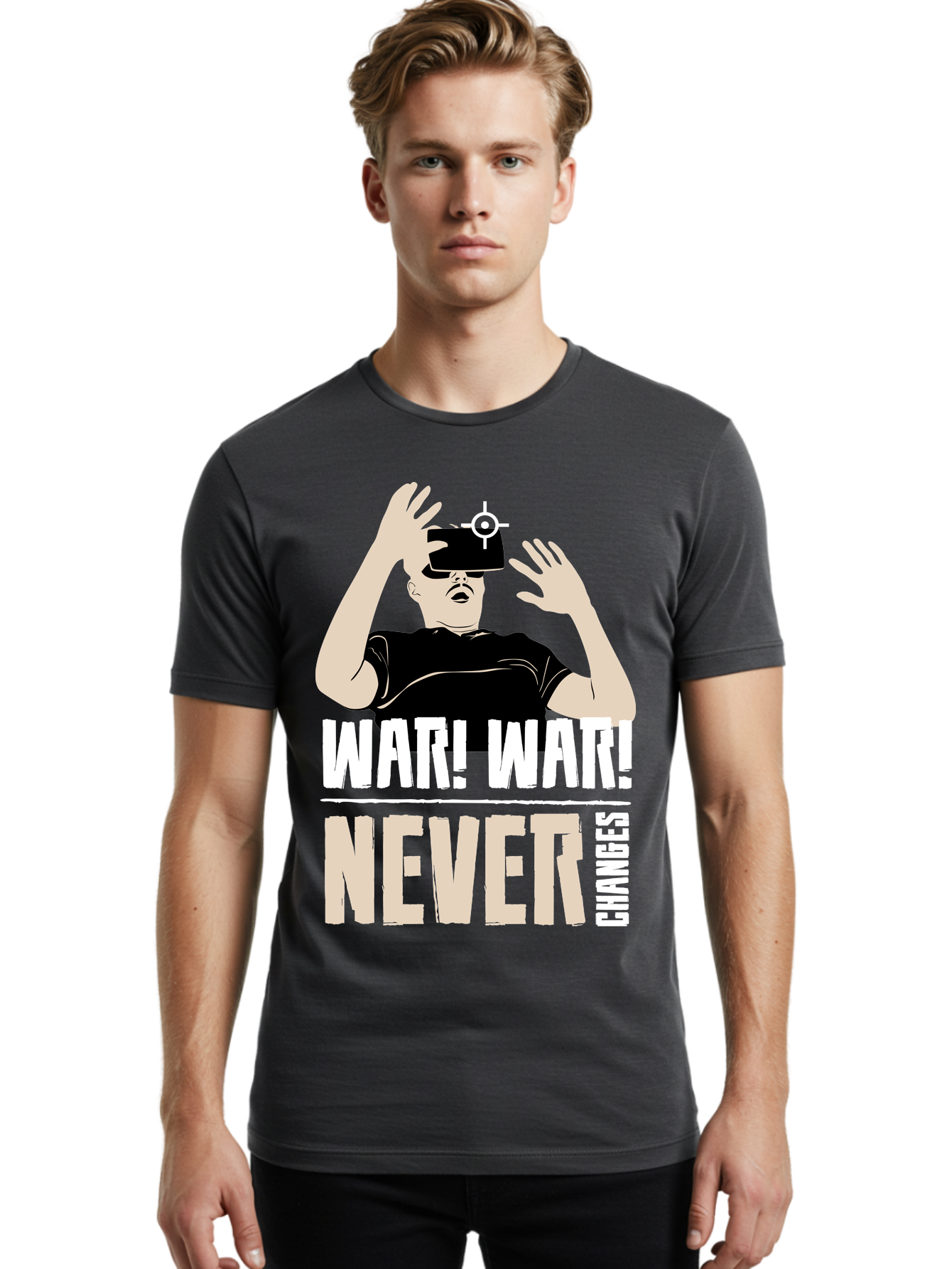 War-War-Never-Changes Men'S Graphic Tee, 100% Cotton, Comfortable Casual Summer Wear, Machine Washable, Man Wearing Vr Headset, Futuristic Technology, Gaming Experience, Immersive Reality, Bold Typography, Contrasting Colors, -  Aaa666